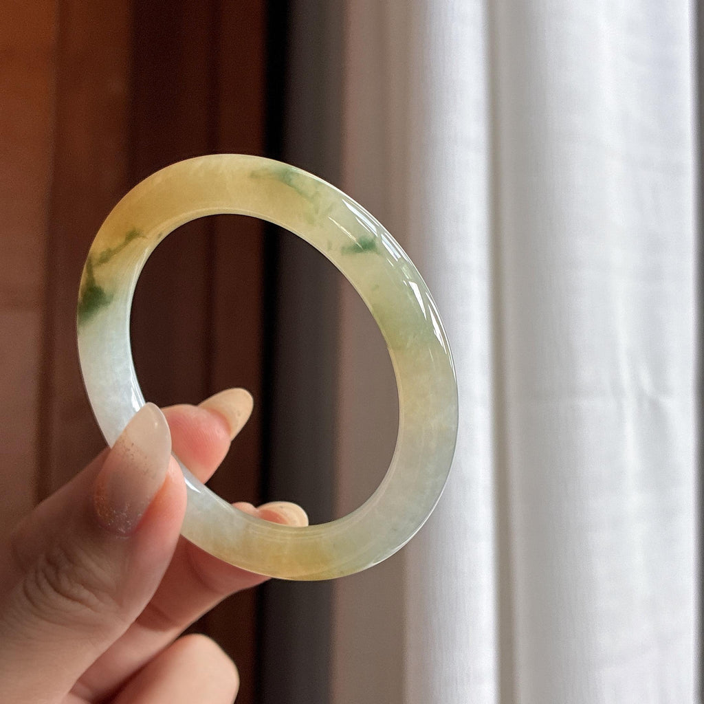 糯冰飘花黄翡特色圆条手镯 52圈 天然缅甸A货翡翠（yc484800）