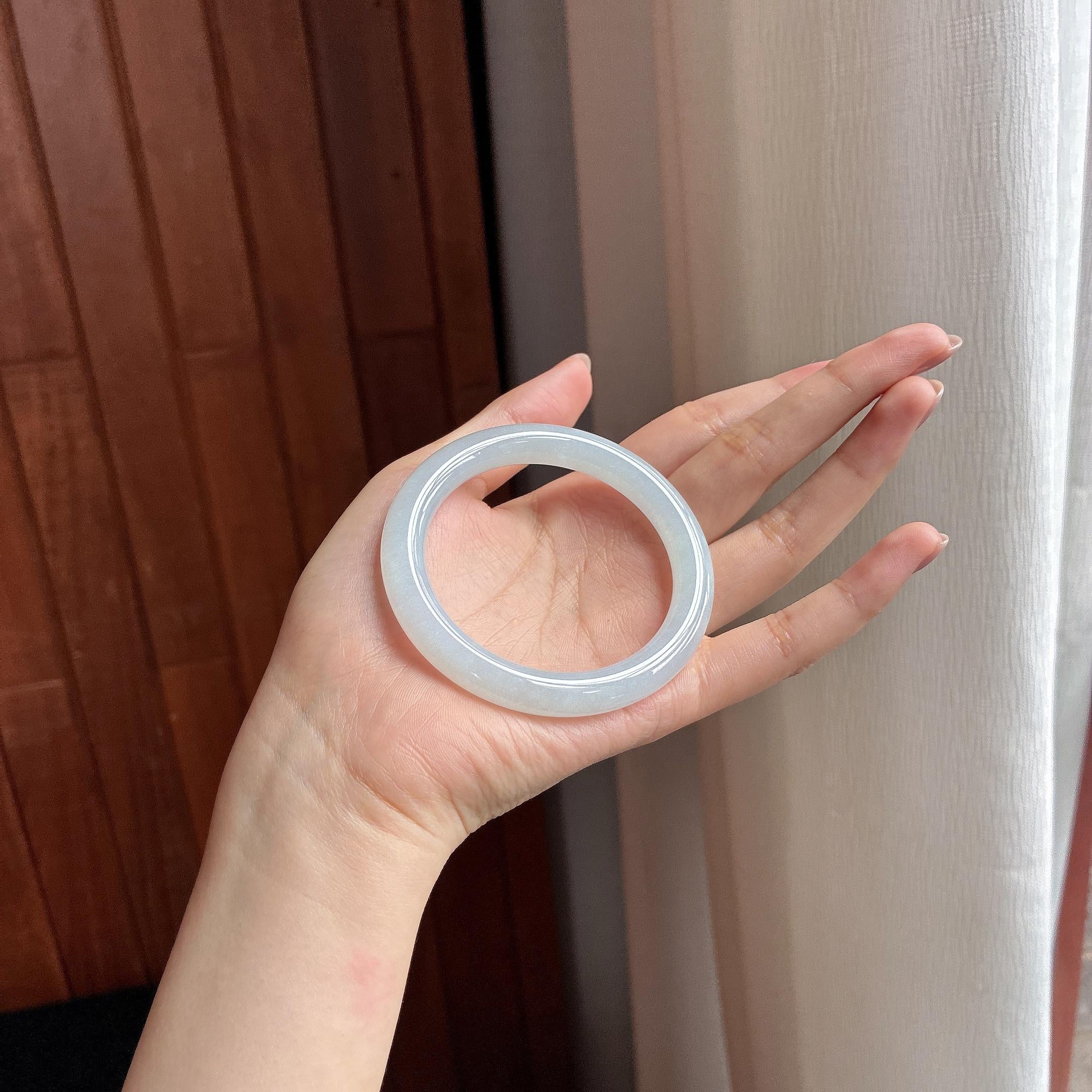 糯冰白月光圆条手镯 53圈 天然缅甸A货翡翠（yc504709）