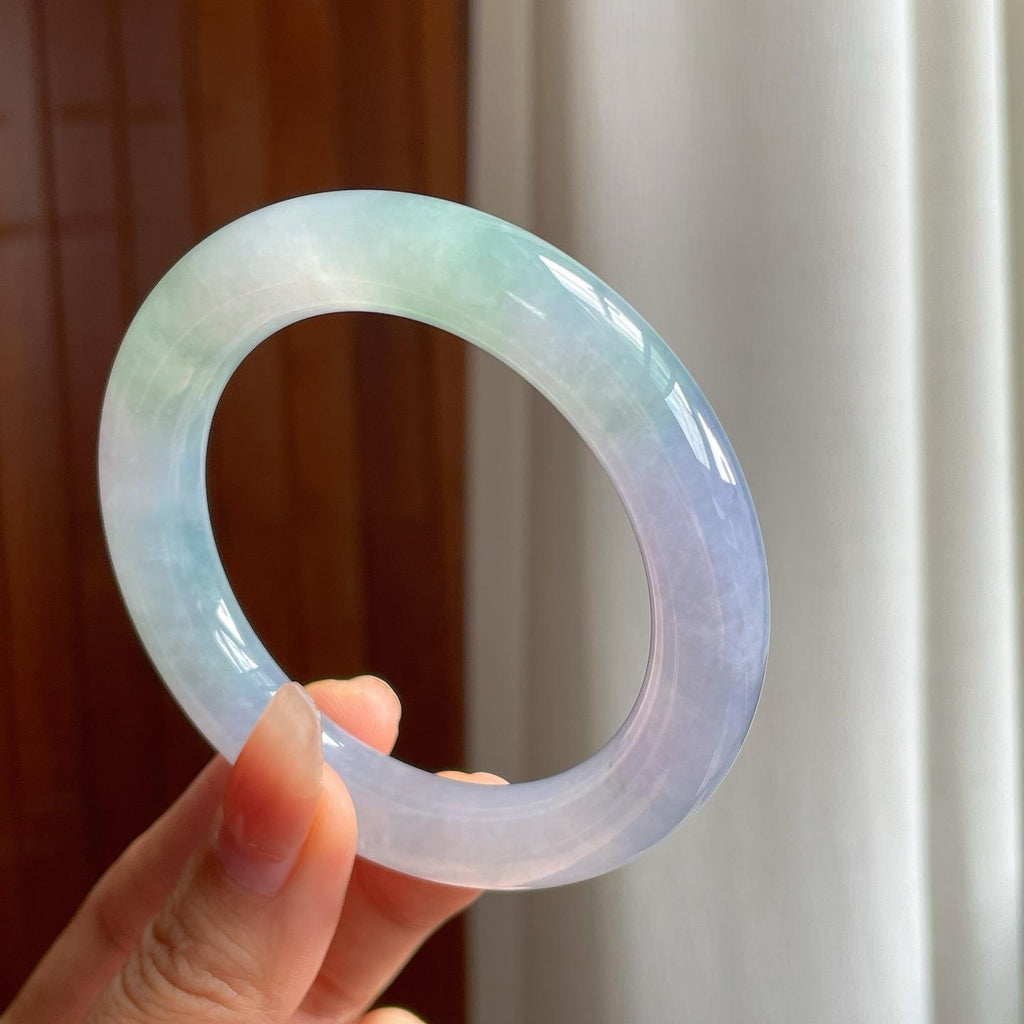 冰种春带彩翡翠圆条手镯（55mm）（yc344026）
