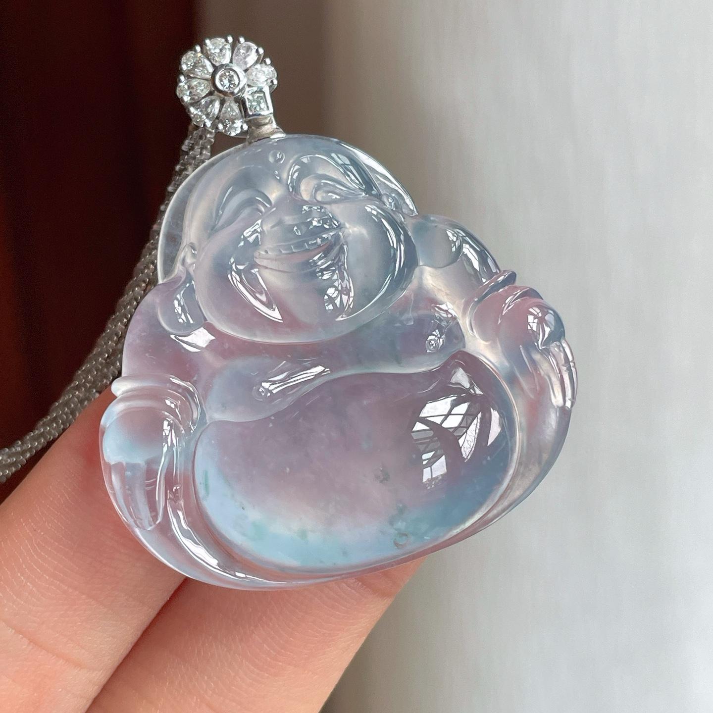 18k金扣冰玻种蓝底飘花翡翠佛公（yc248544）