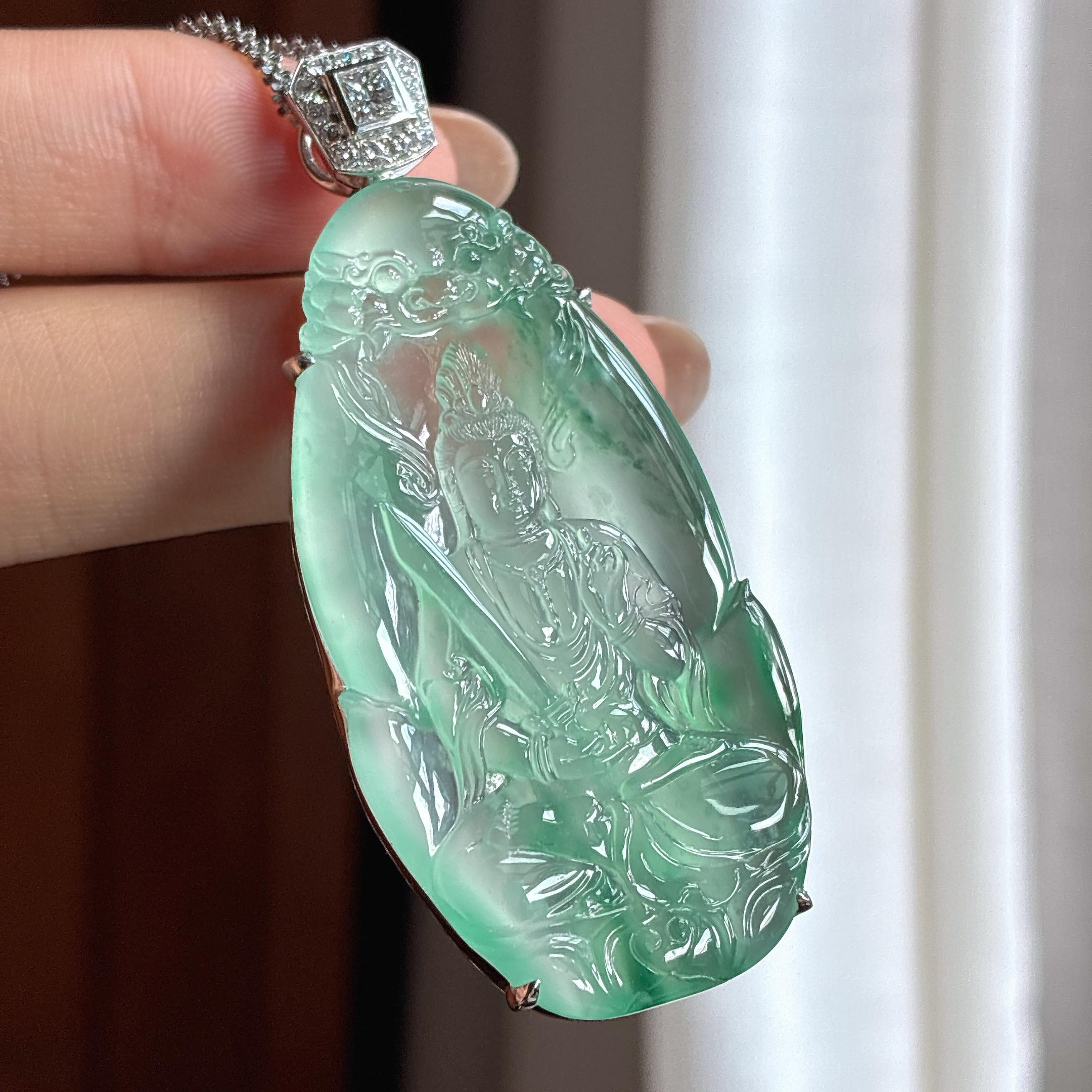 18k金镶冰玻种飘花翡翠文殊菩萨（yc436461）