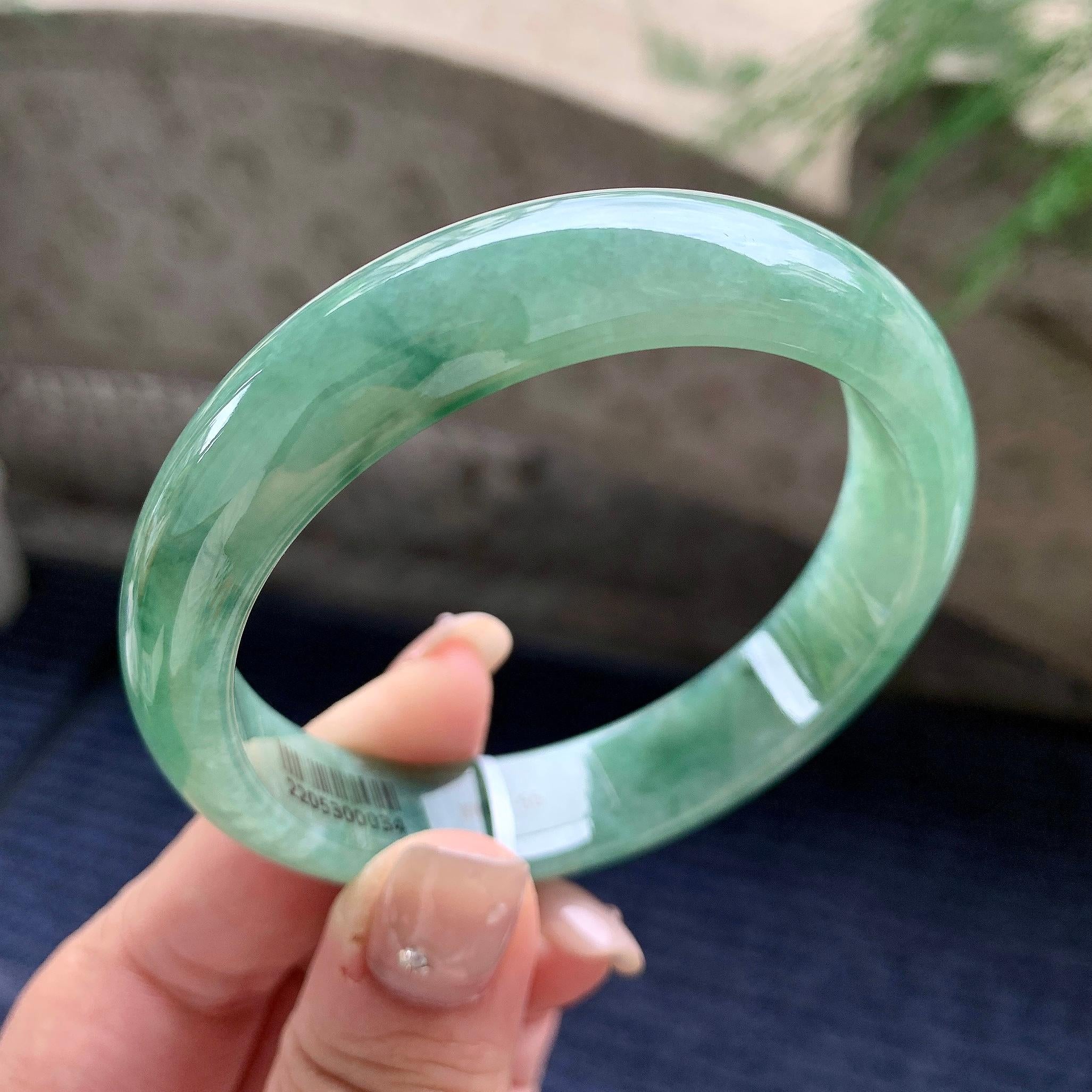 细糯种油青底飘蓝花正圈平安镯 57.5圈口 天然缅甸A货翡翠（yc464051）