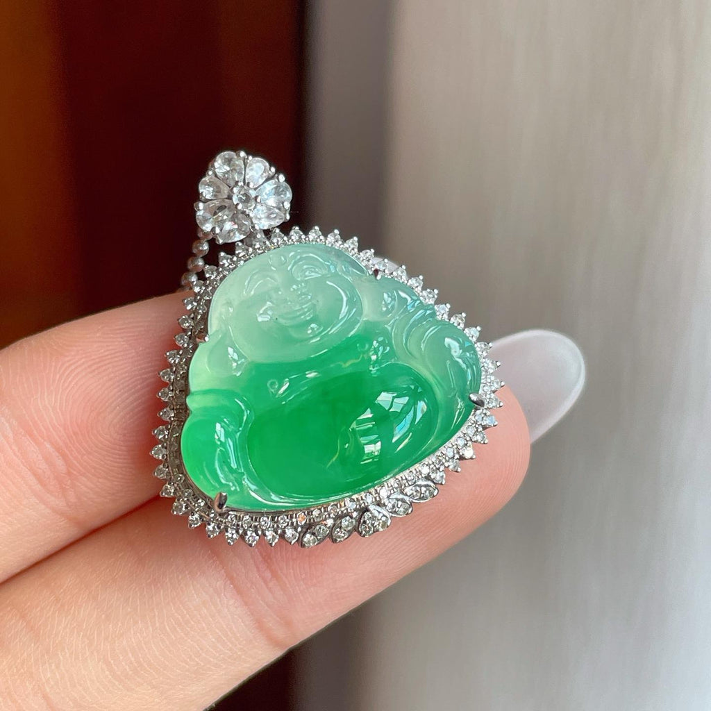 18k金钻镶糯冰带色翡翠佛公（yc257847）