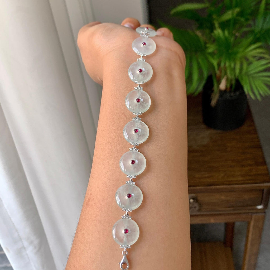 18K金钻镶糯冰种无色平安扣手链（yc246598）