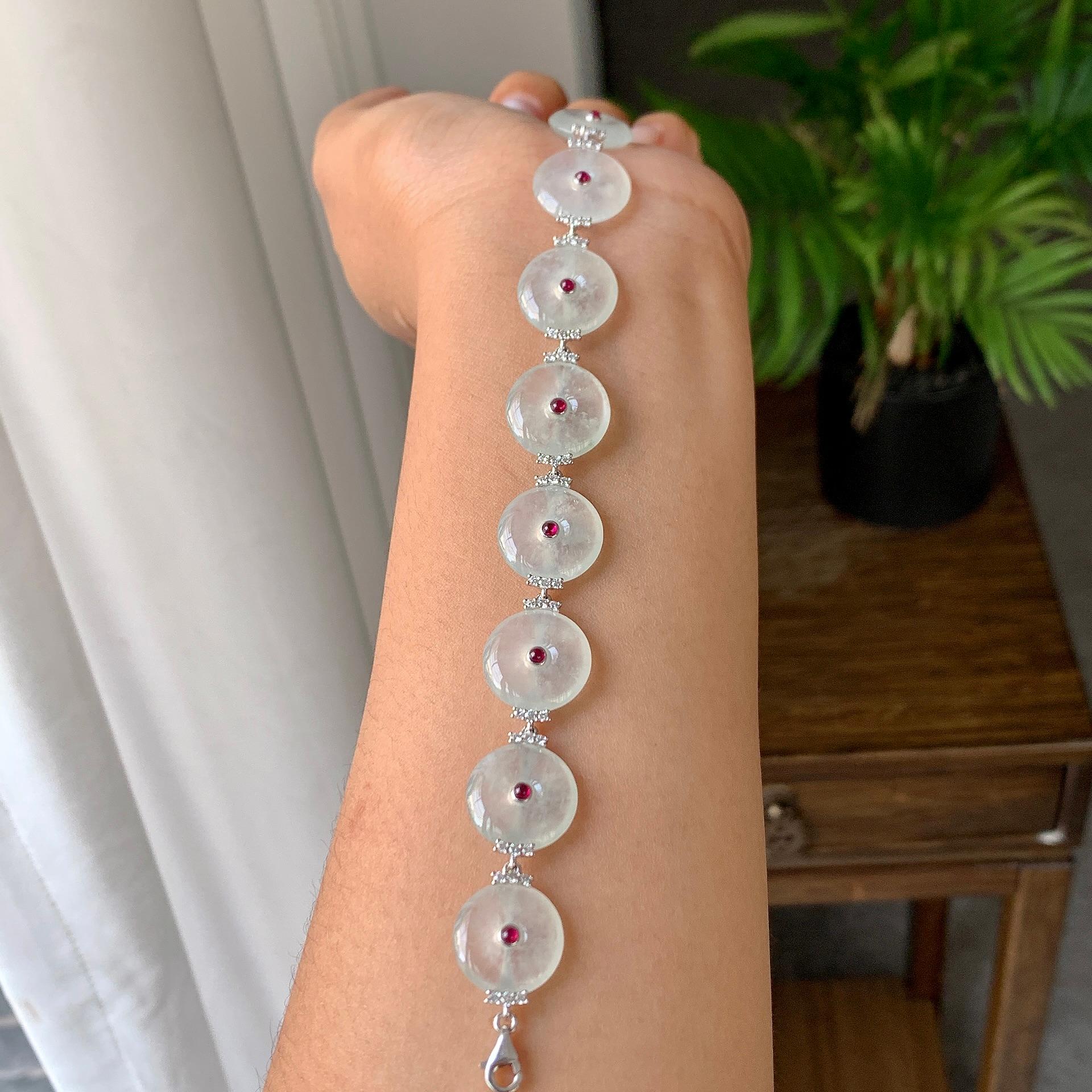 18K金钻镶糯冰种无色平安扣手链（yc246598）