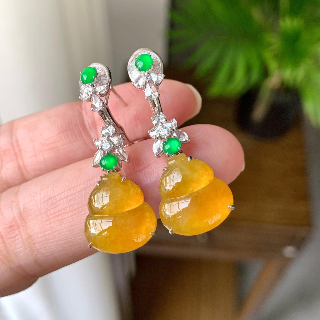 18K金钻镶糯冰种黄翡葫芦耳坠（yc248199）