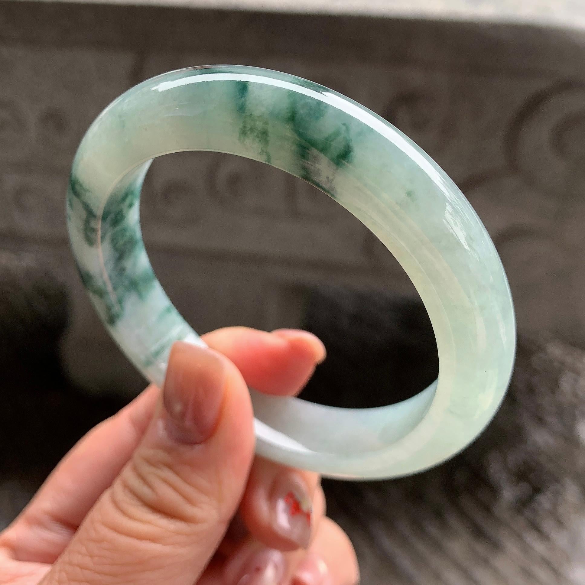 细糯种飘蓝花正圈平安镯 57.7圈口 天然缅甸A货翡翠（yc345045）