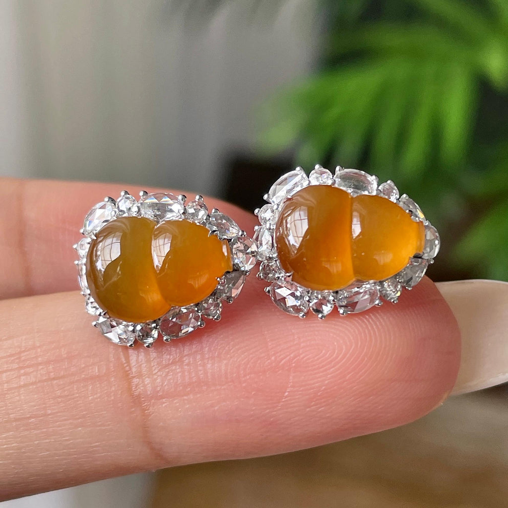 18k金钻镶冰种黄翡葫芦耳钉      天然缅甸A货翡翠（yc415660）