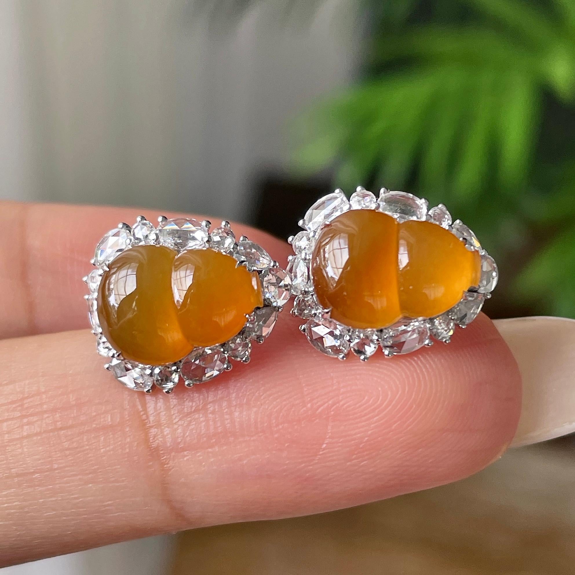 18k金钻镶冰种黄翡葫芦耳钉      天然缅甸A货翡翠（yc415660）