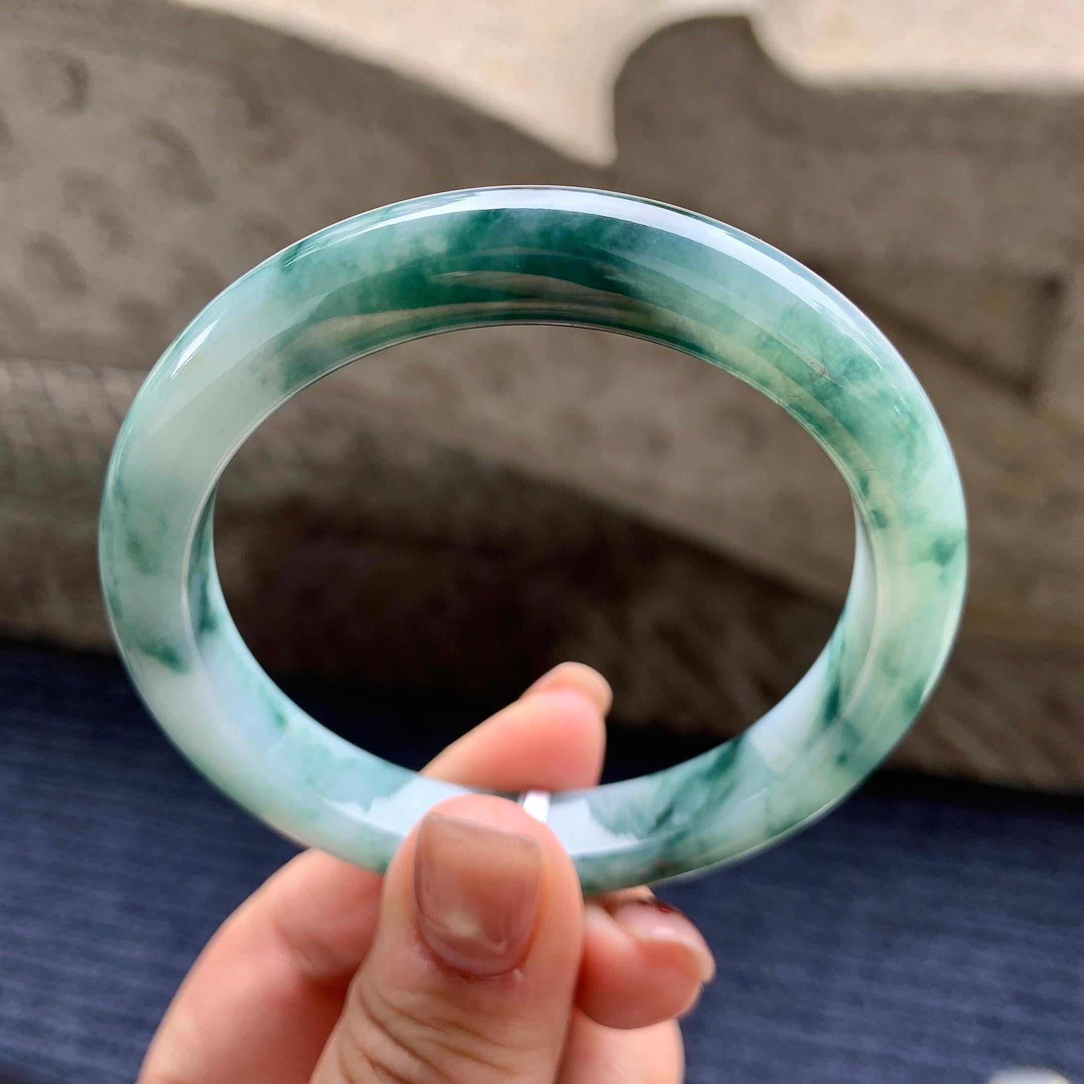 细糯种飘蓝花正圈平安镯 57圈口 天然缅甸A货翡翠（yc345011）