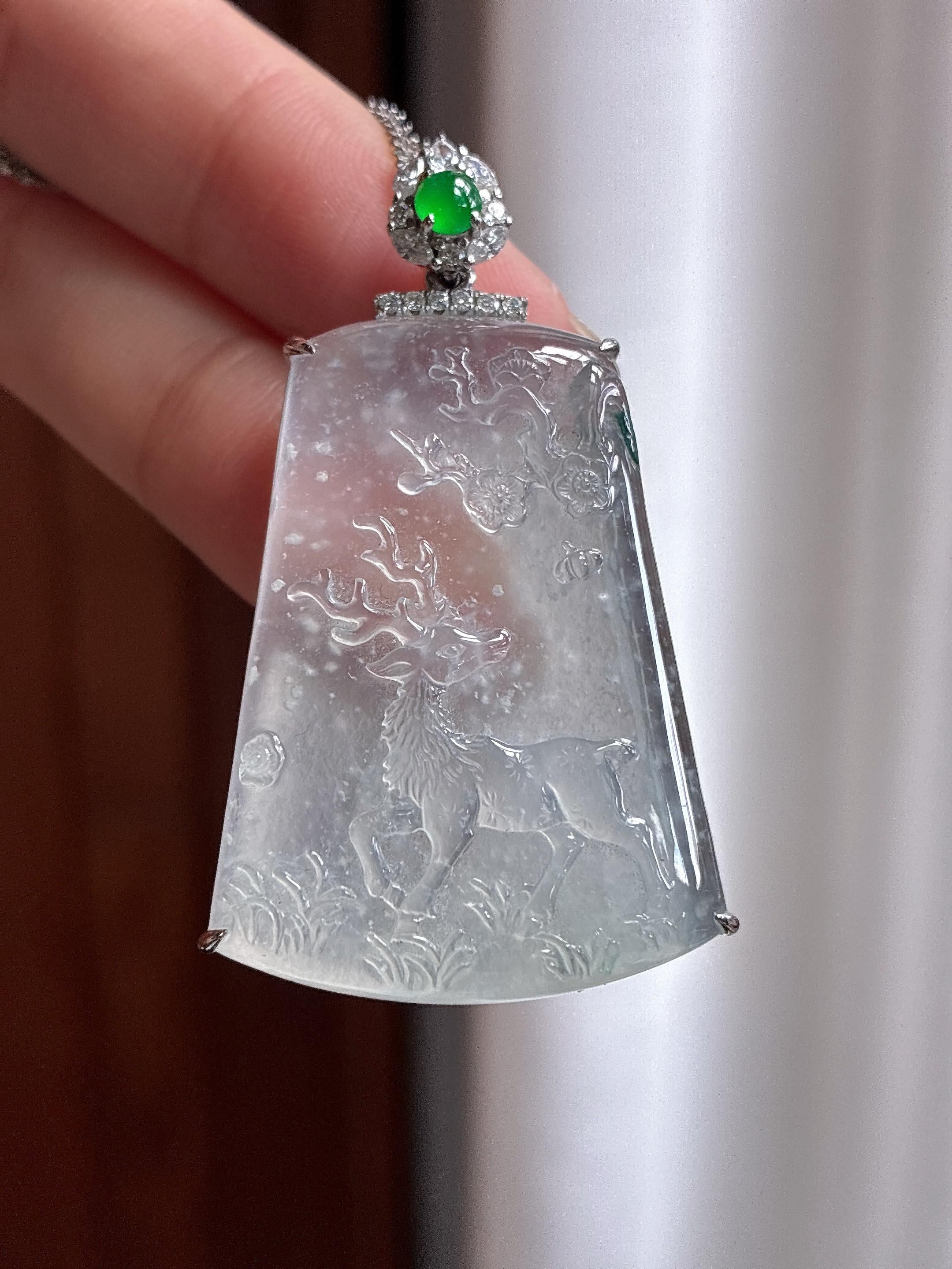 18k金镶冰玻种雪花棉一路有你挂件 天然缅甸A货翡翠（yc484506）