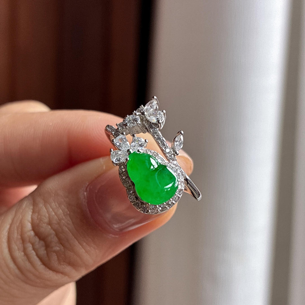 S925银镶冰种满绿葫芦戒指 天然缅甸A货翡翠（yc484068）