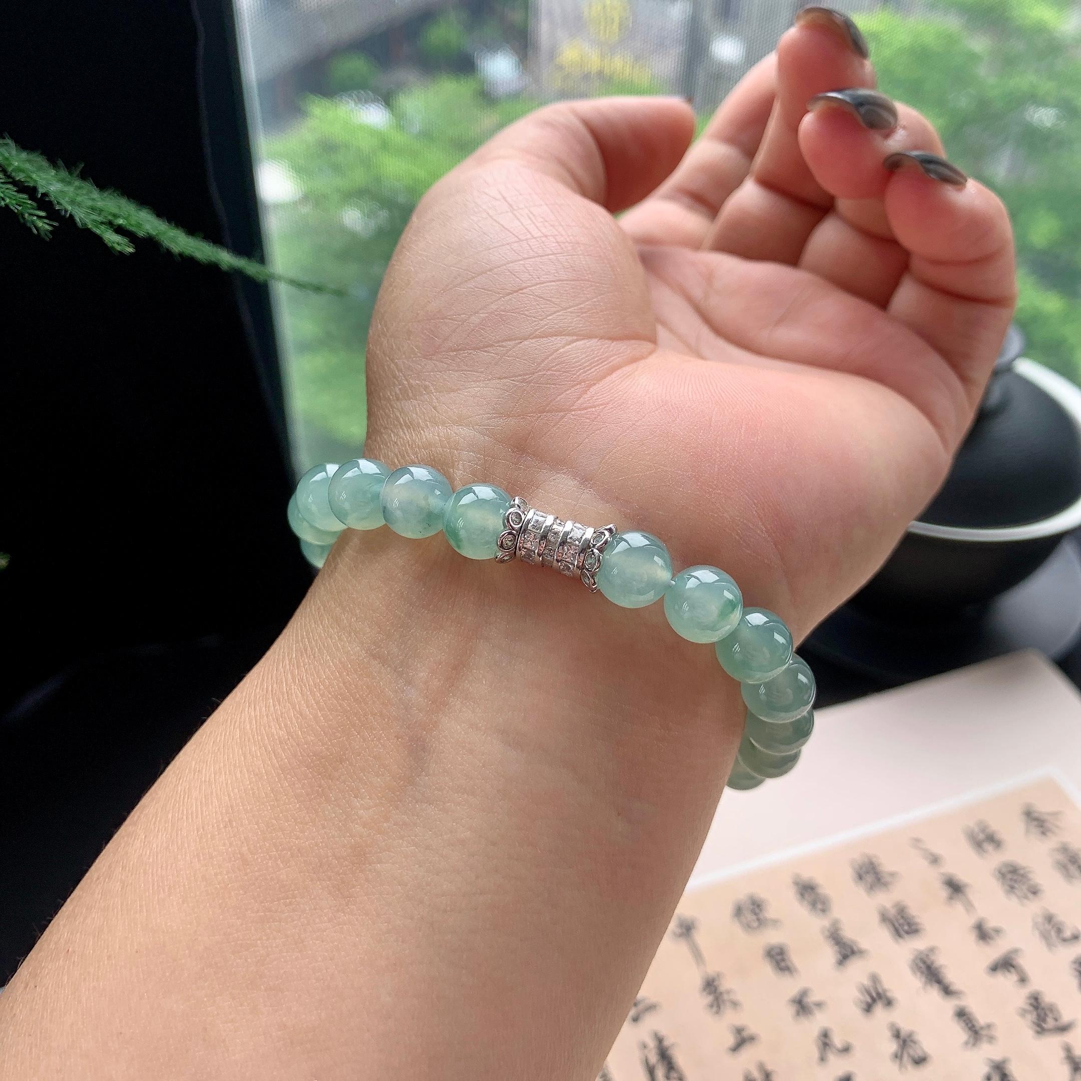 糯冰种晴底飘花手串 天然缅甸A货翡翠（yc473096）