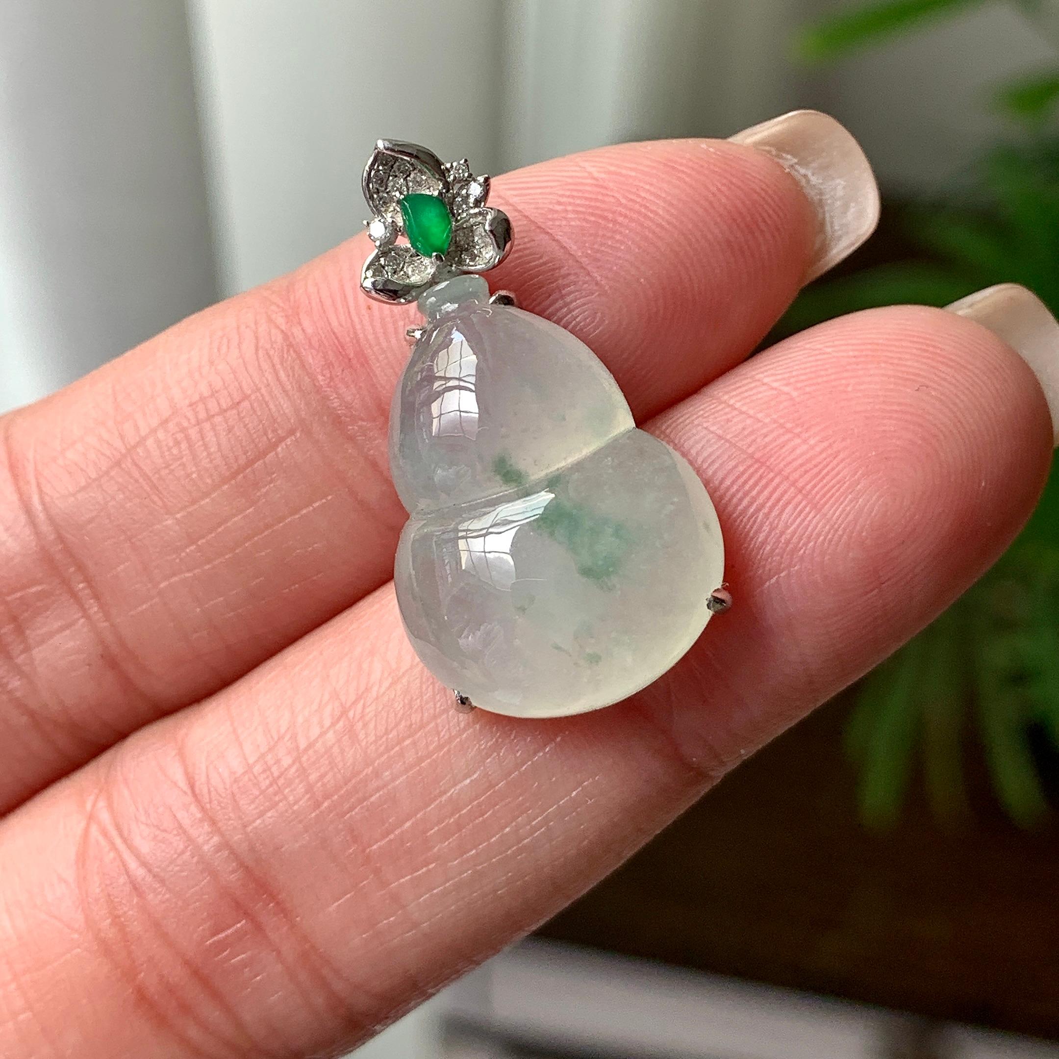 18K金钻镶糯冰种飘绿花葫芦吊坠 天然缅甸A货翡翠（yc356840）