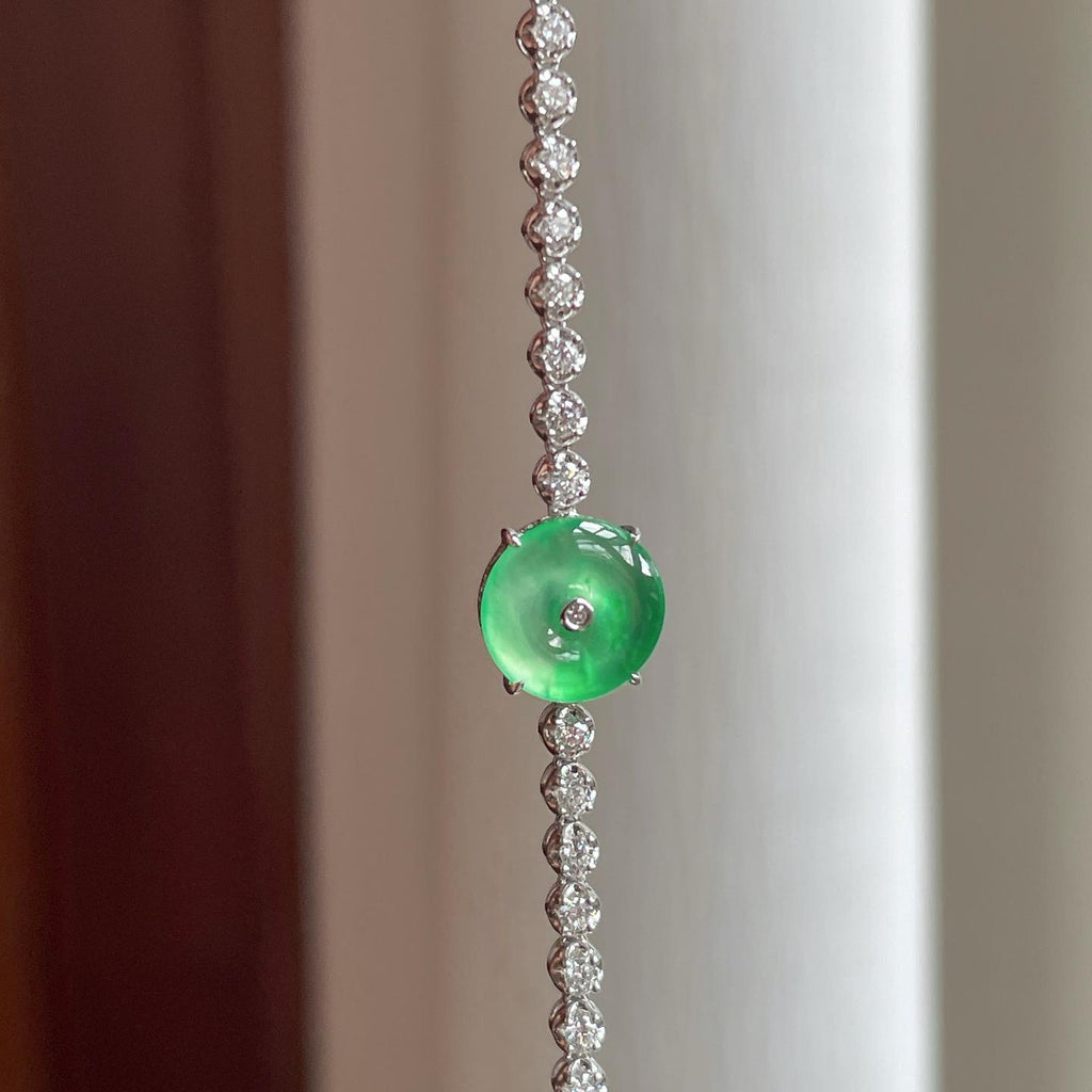 18k金镶冰种翠绿翡翠平安扣（yc253255）