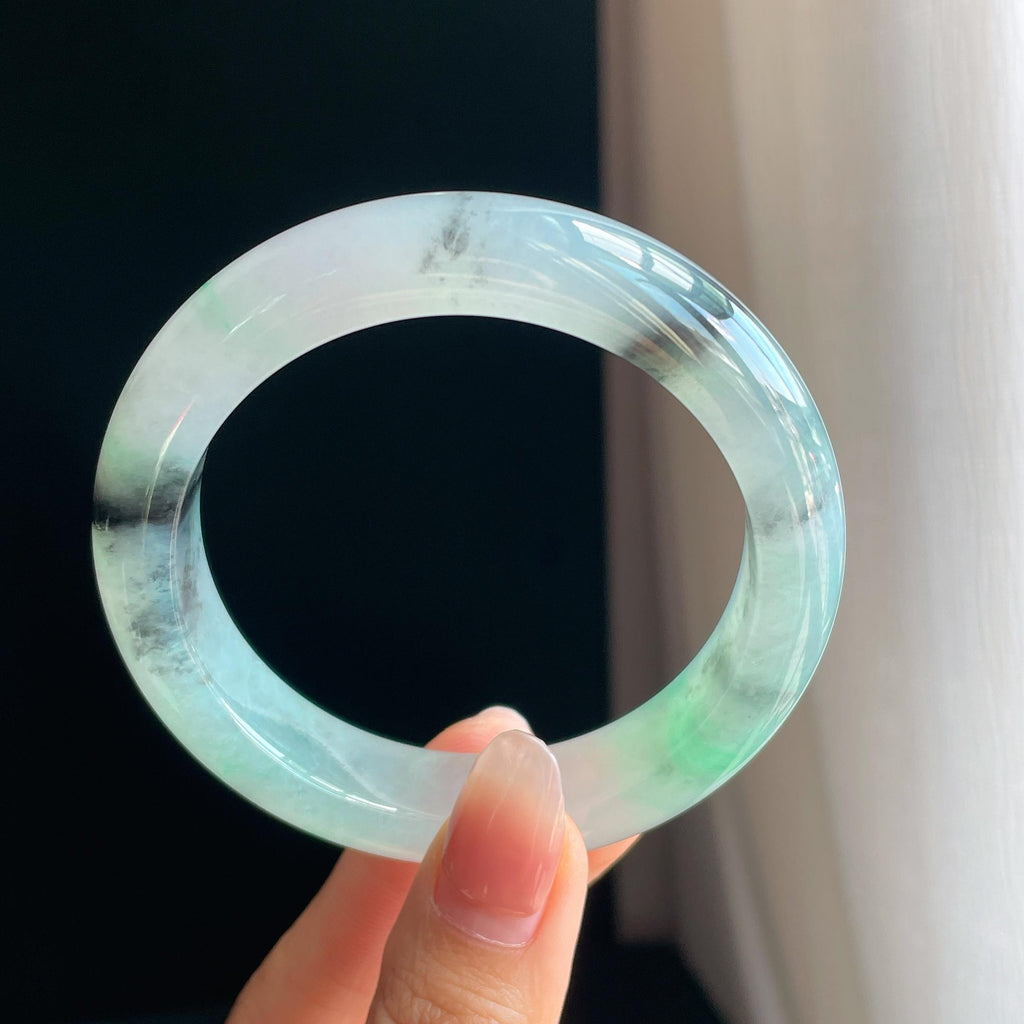 冰种水墨花带色翡翠平安镯（57.7mm)（yc323699）