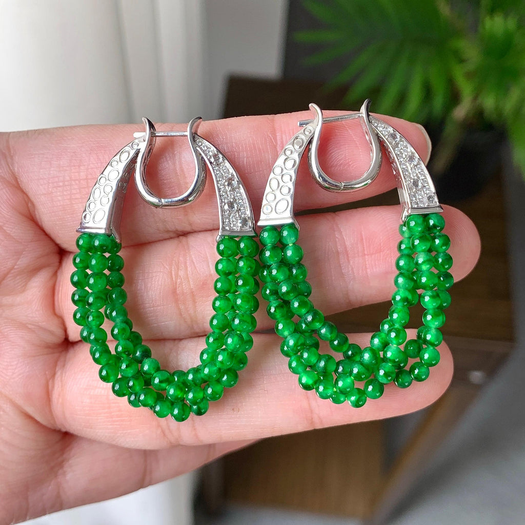 18K金钻镶糯冰种满绿小米珠耳坠（yc248205）