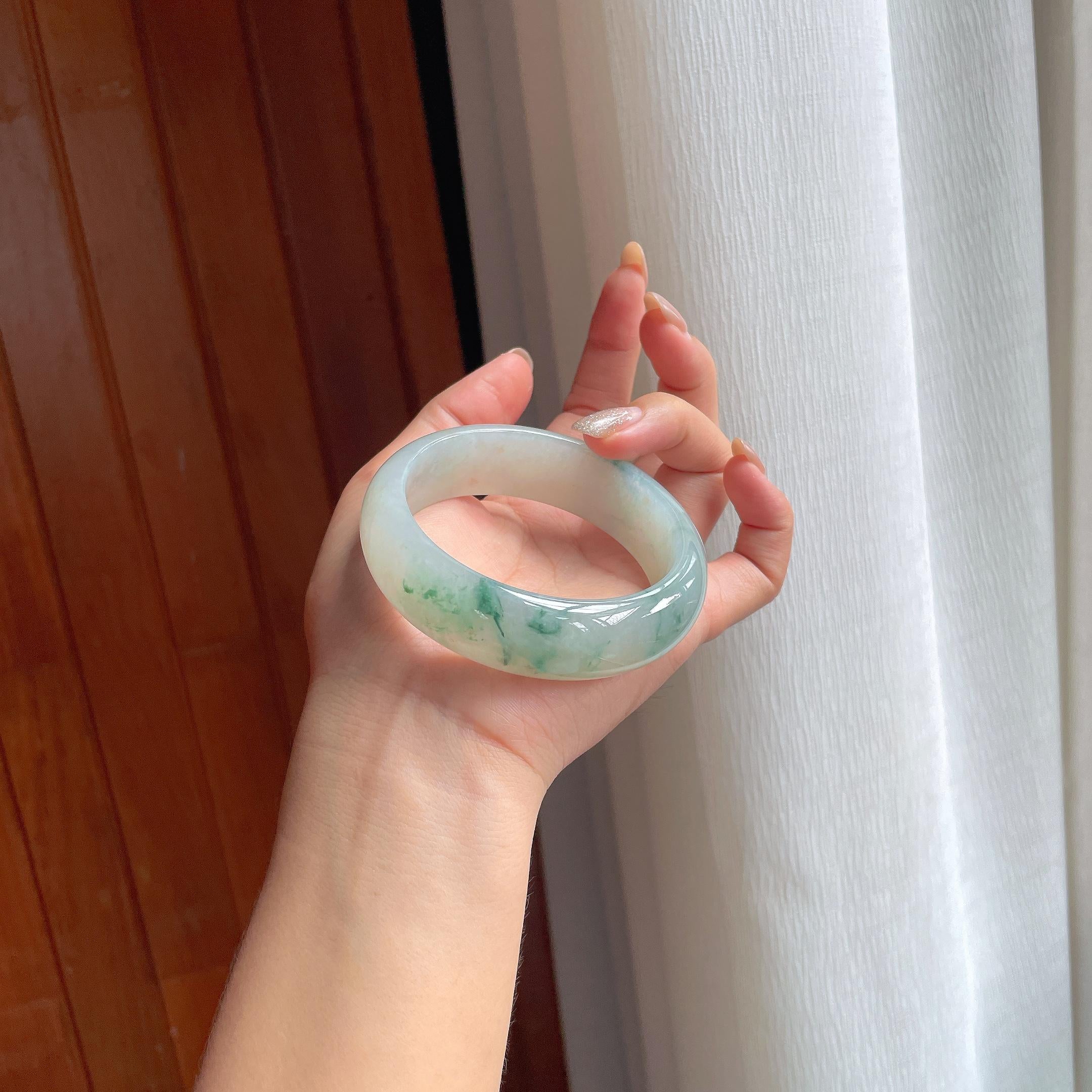 糯冰种飘花宽版翡翠手镯 60圈天然缅甸A货翡翠（yc439433）