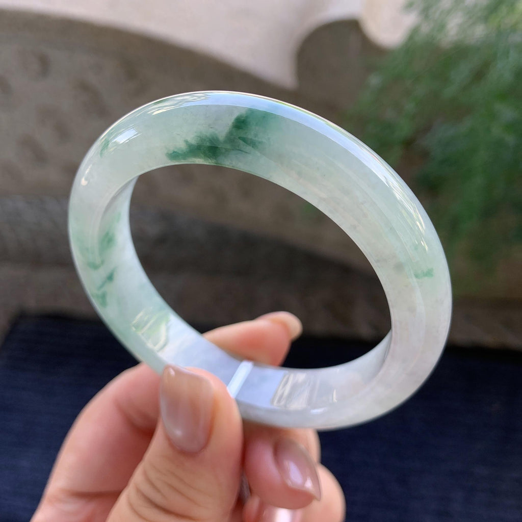 糯冰种飘蓝花正圈平安镯  54.3圈口 天然缅甸A货翡翠（yc400184）