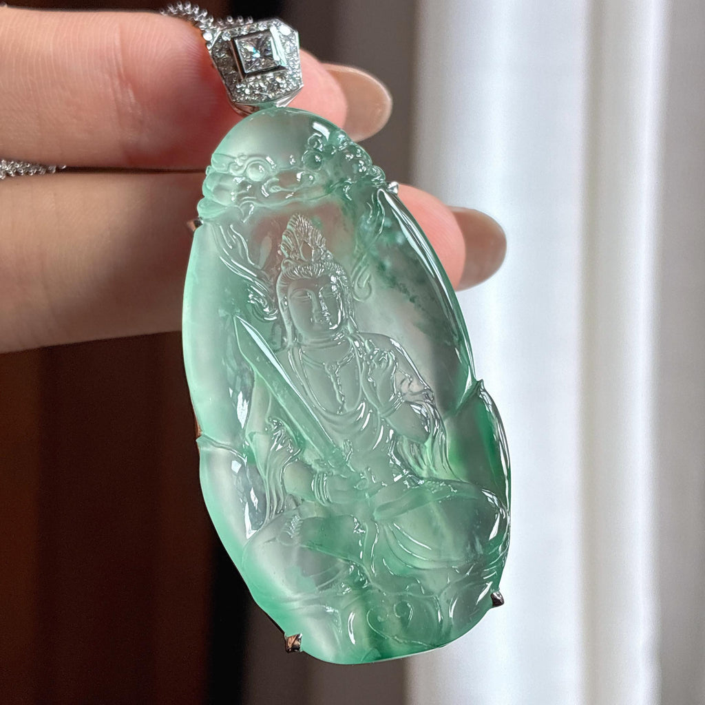 18k金镶冰玻种飘花翡翠文殊菩萨（yc436461）