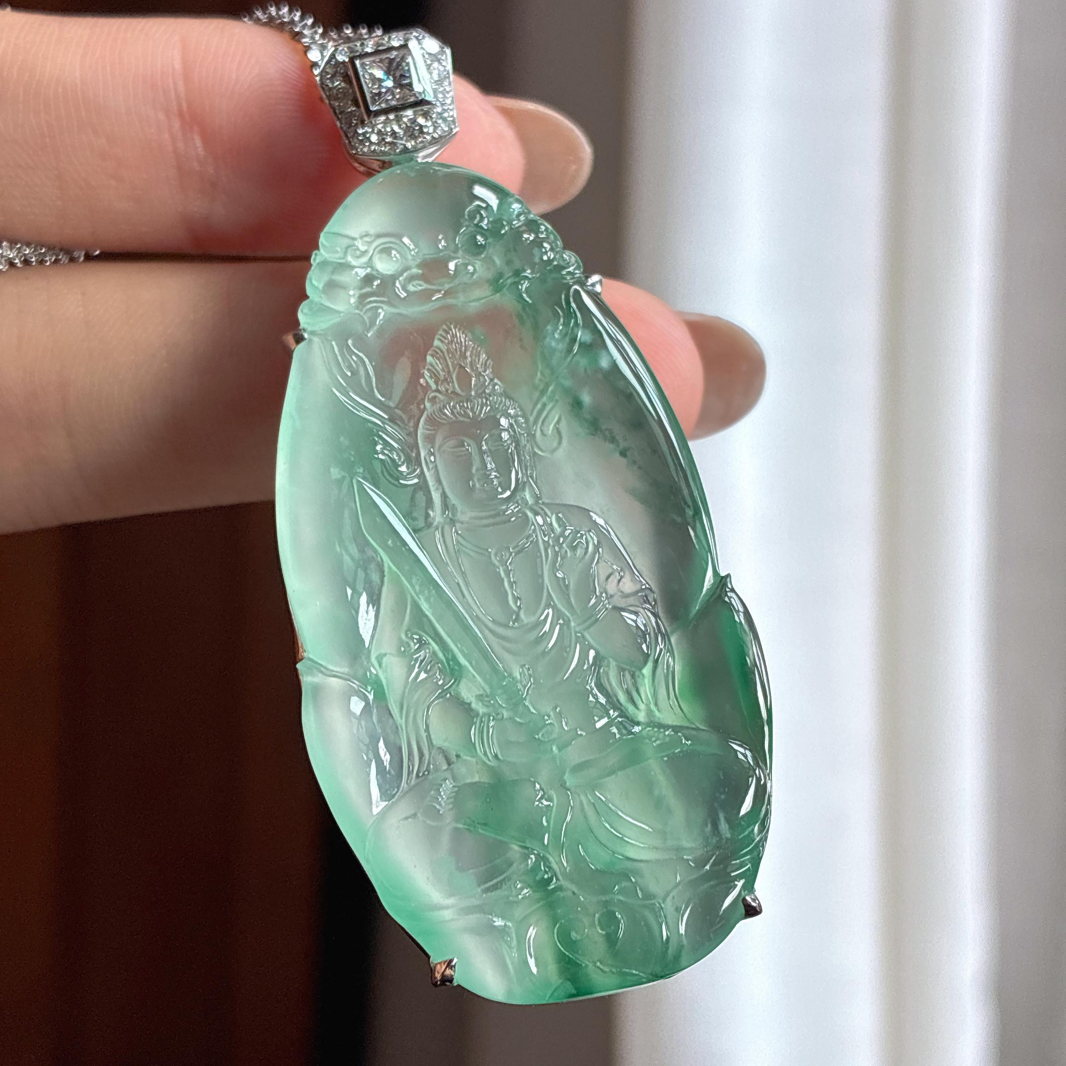 18k金镶冰玻种飘花翡翠文殊菩萨（yc436461）