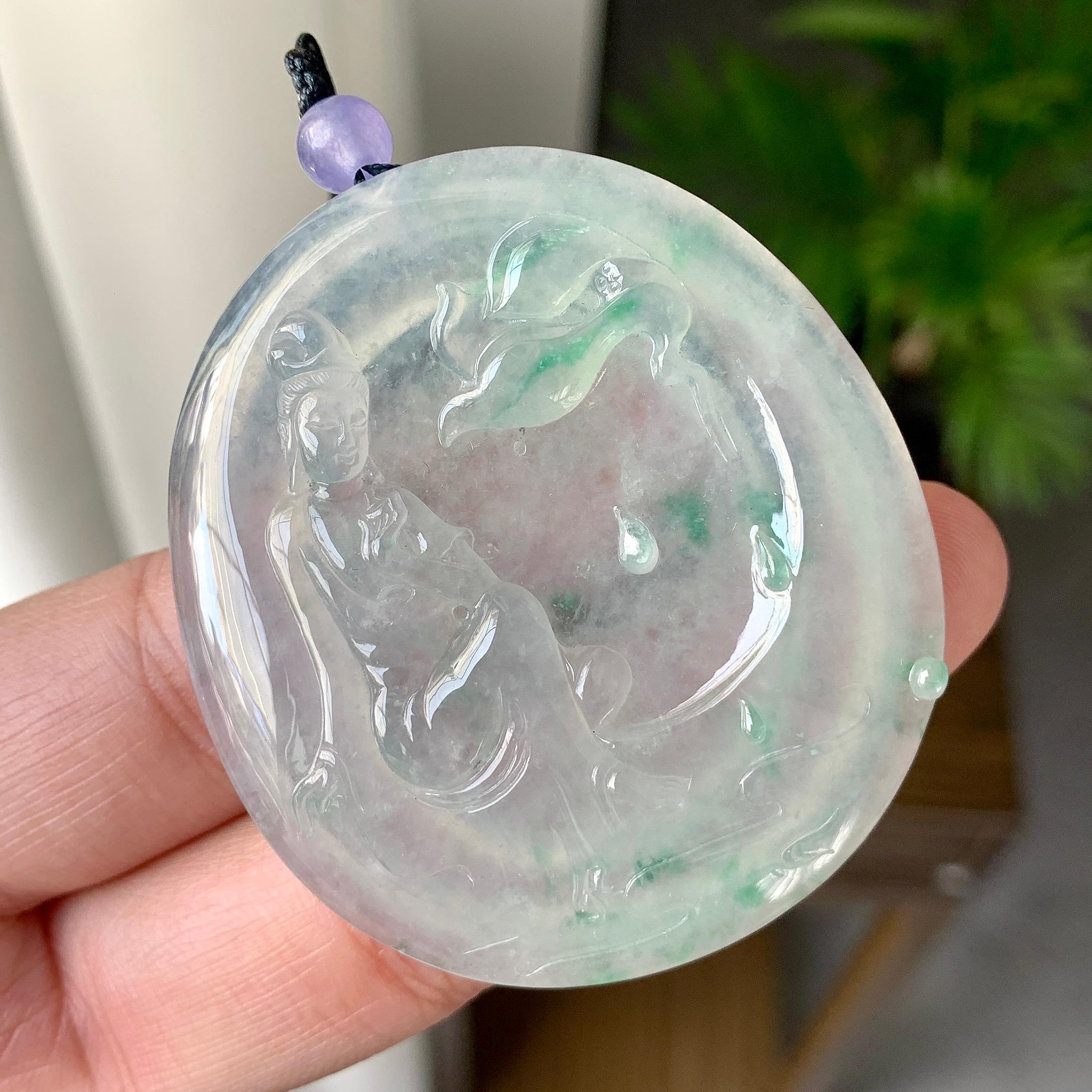 糯冰种飘花观音牌挂件（yc232455）