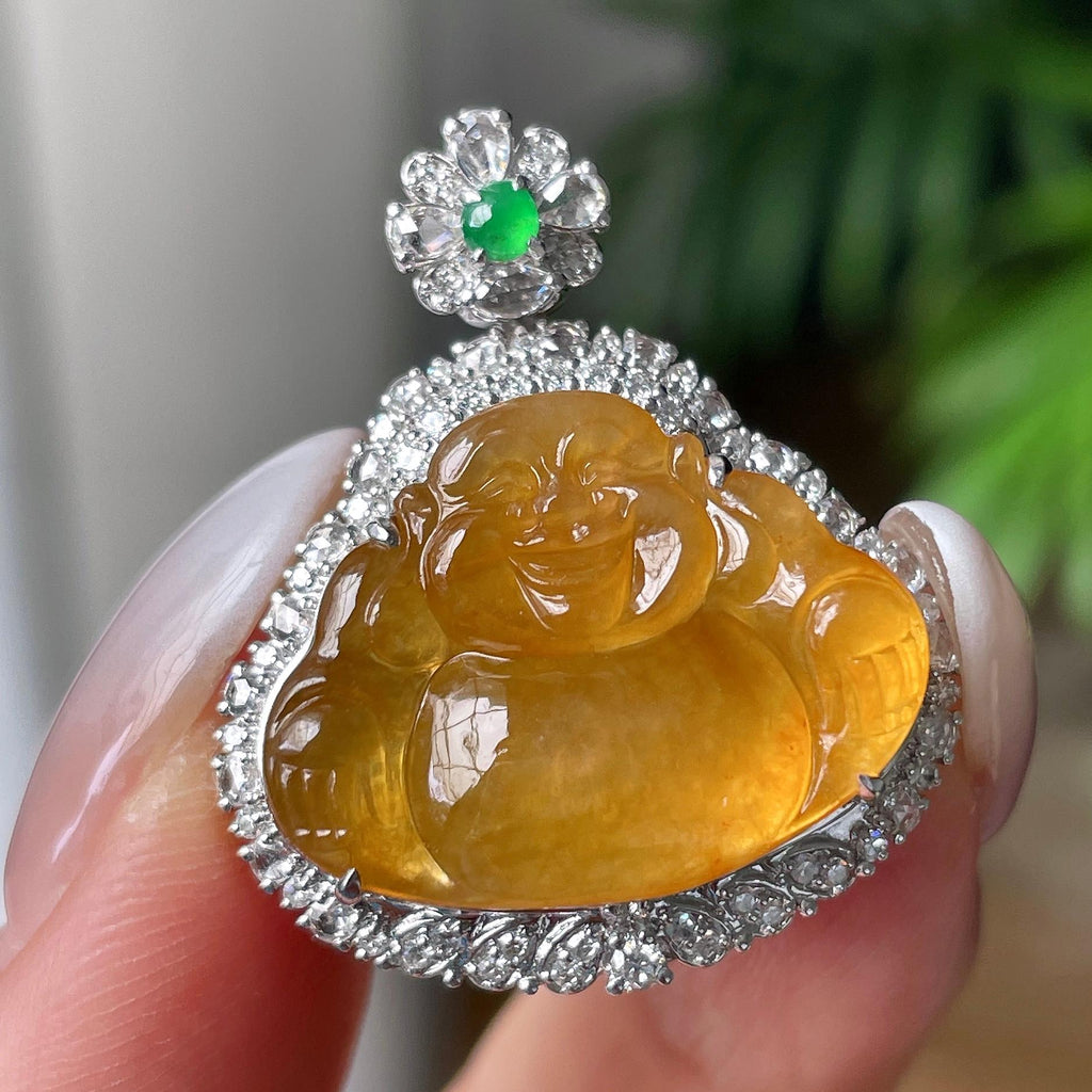 18k金钻镶冰种黄佛公吊坠        天然缅甸A货翡翠（yc414004）