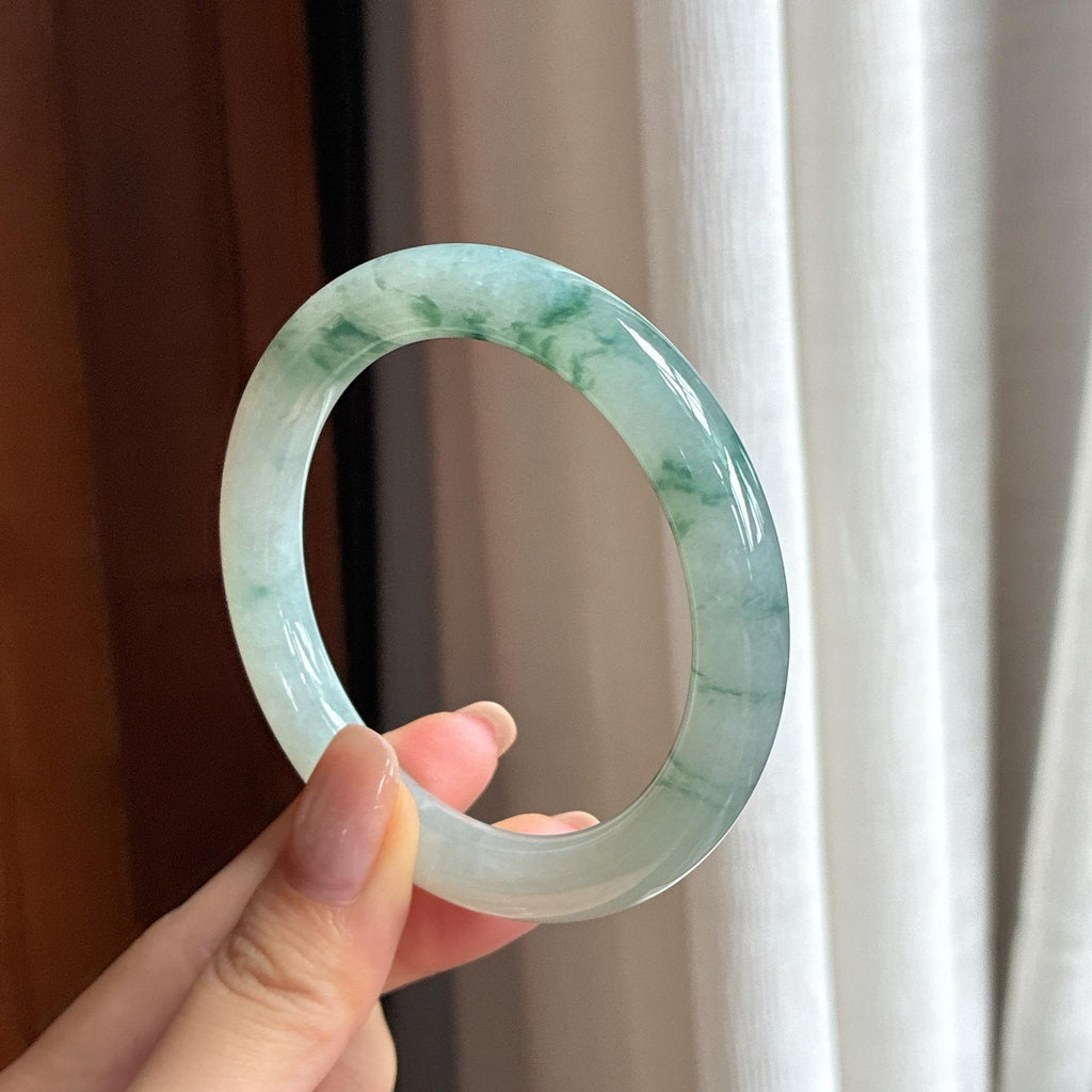 糯冰飘花翡翠圆条手镯 54圈（yc430491）