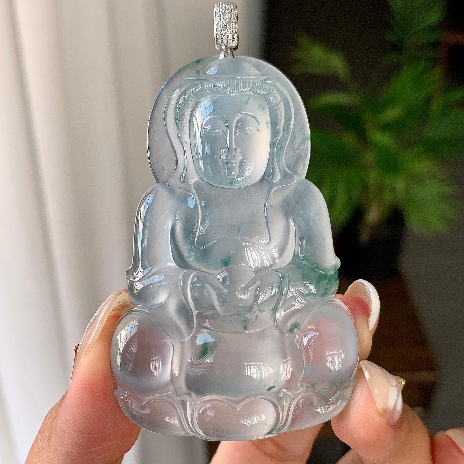 18k金钻镶冰种飘花观音挂件（yc246707）