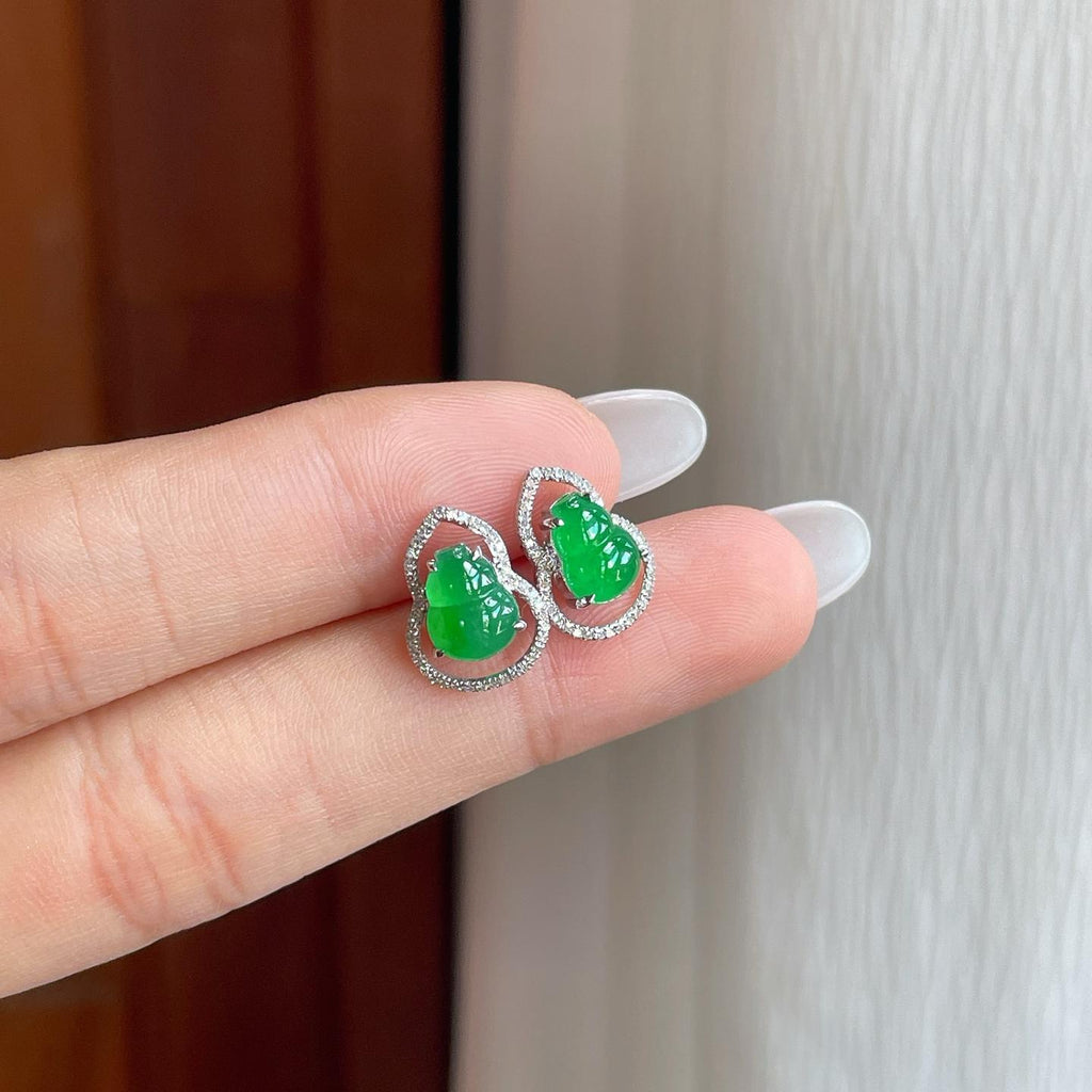 18k金钻镶冰种满绿葫芦翡翠耳钉（yc258409）