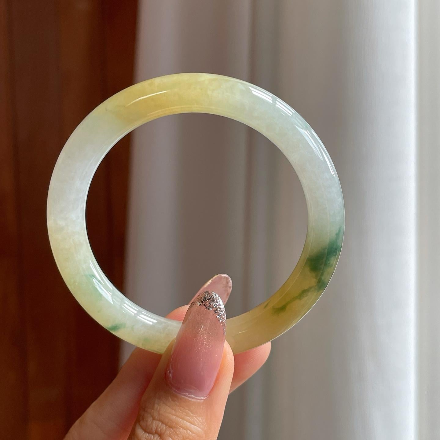 糯冰黄翡飘花翡翠圆条手镯（52.5mm）（yc361781）