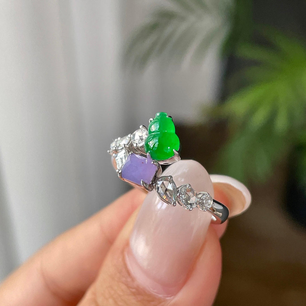 18k金钻镶冰种多彩葫芦戒指     天然缅甸A货翡翠（yc421299）