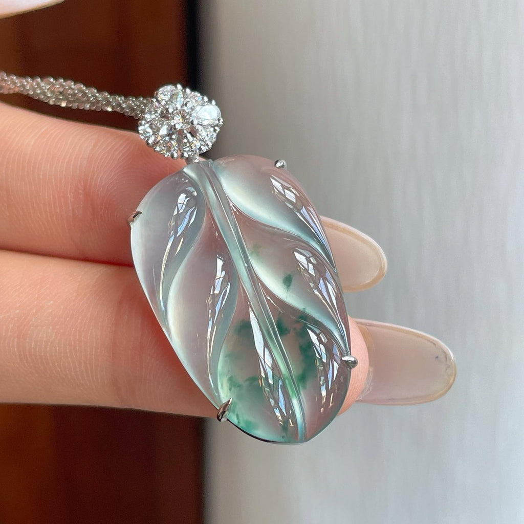 18k金钻镶冰玻种飘绿翡翠叶子（yc270322）