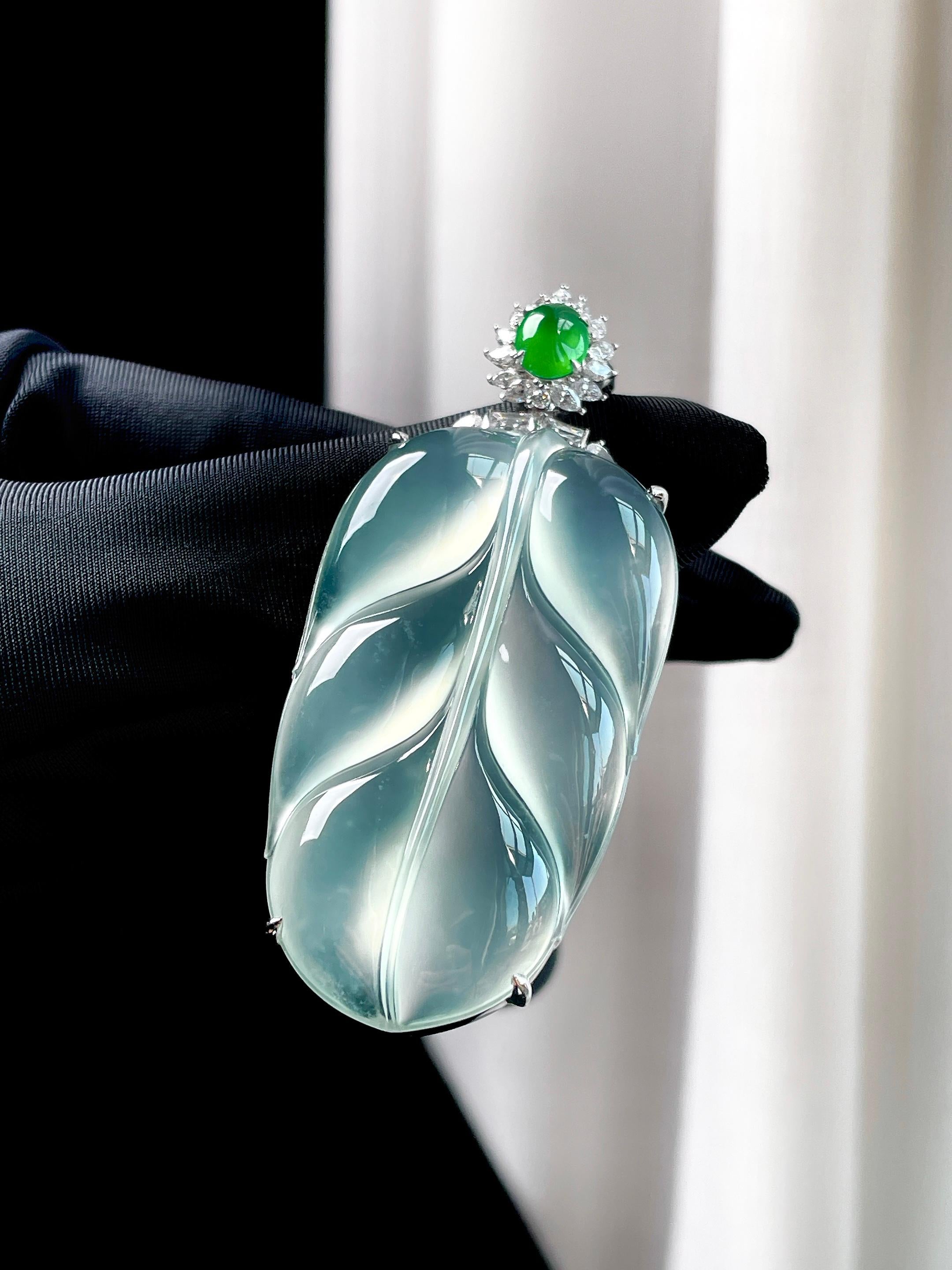 18k金钻镶冰玻种晴底翡翠叶子（yc349413）