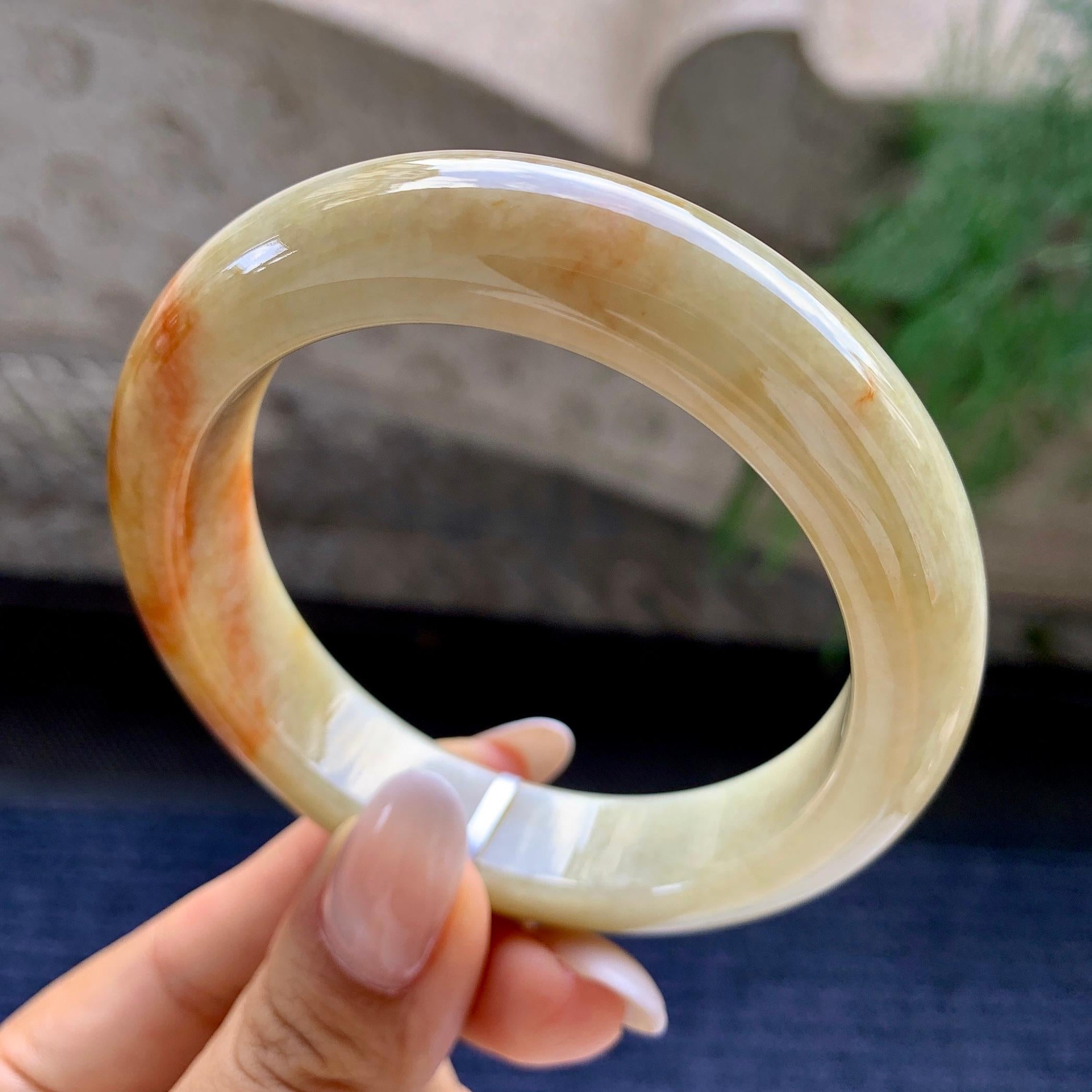细糯种黄翡飘红翡正圈平安镯   56.6圈    天然缅甸A货翡翠（yc408850）