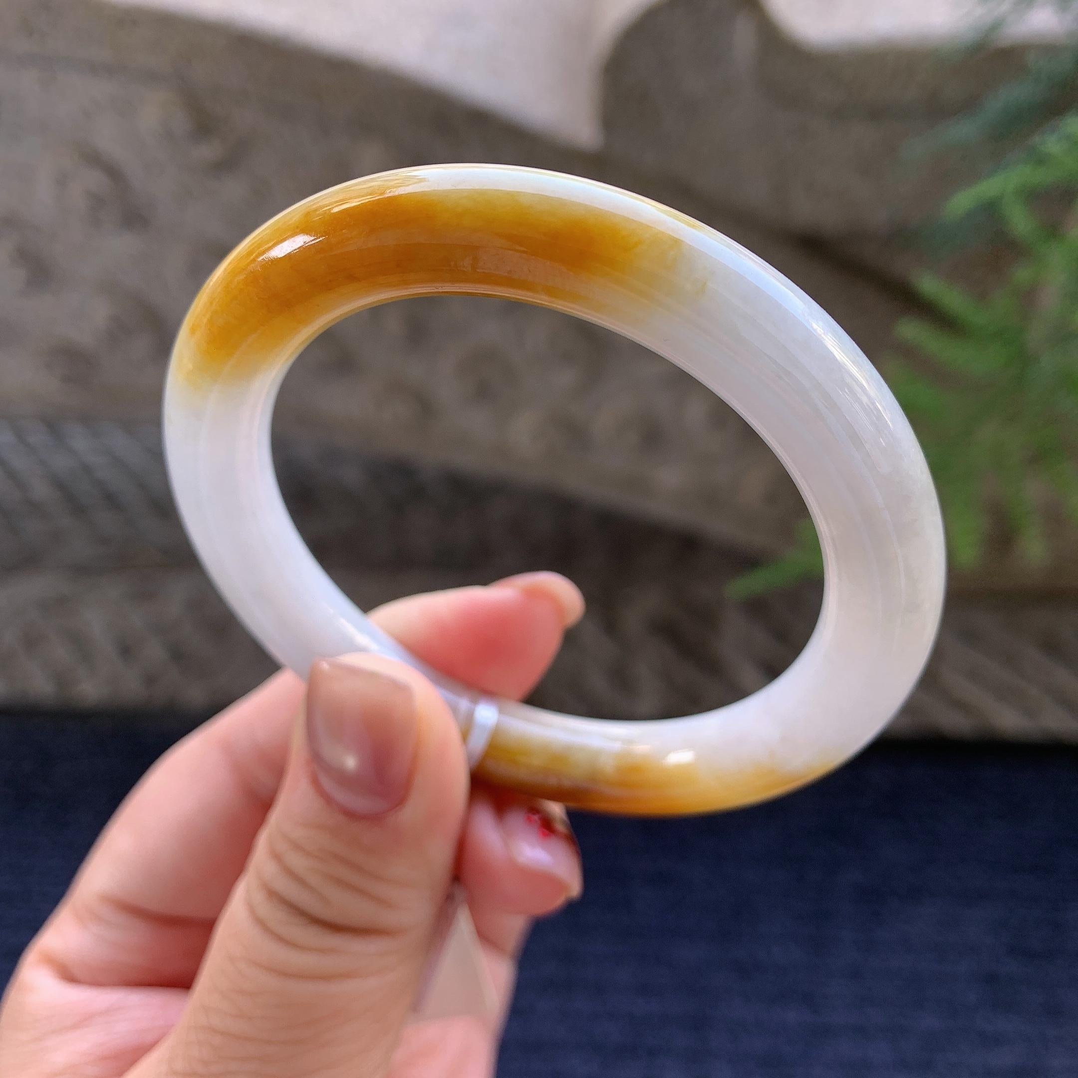 小圈口 糯种黄翡圆条手镯 53.2圈口 天然缅甸A货翡翠（yc347569）
