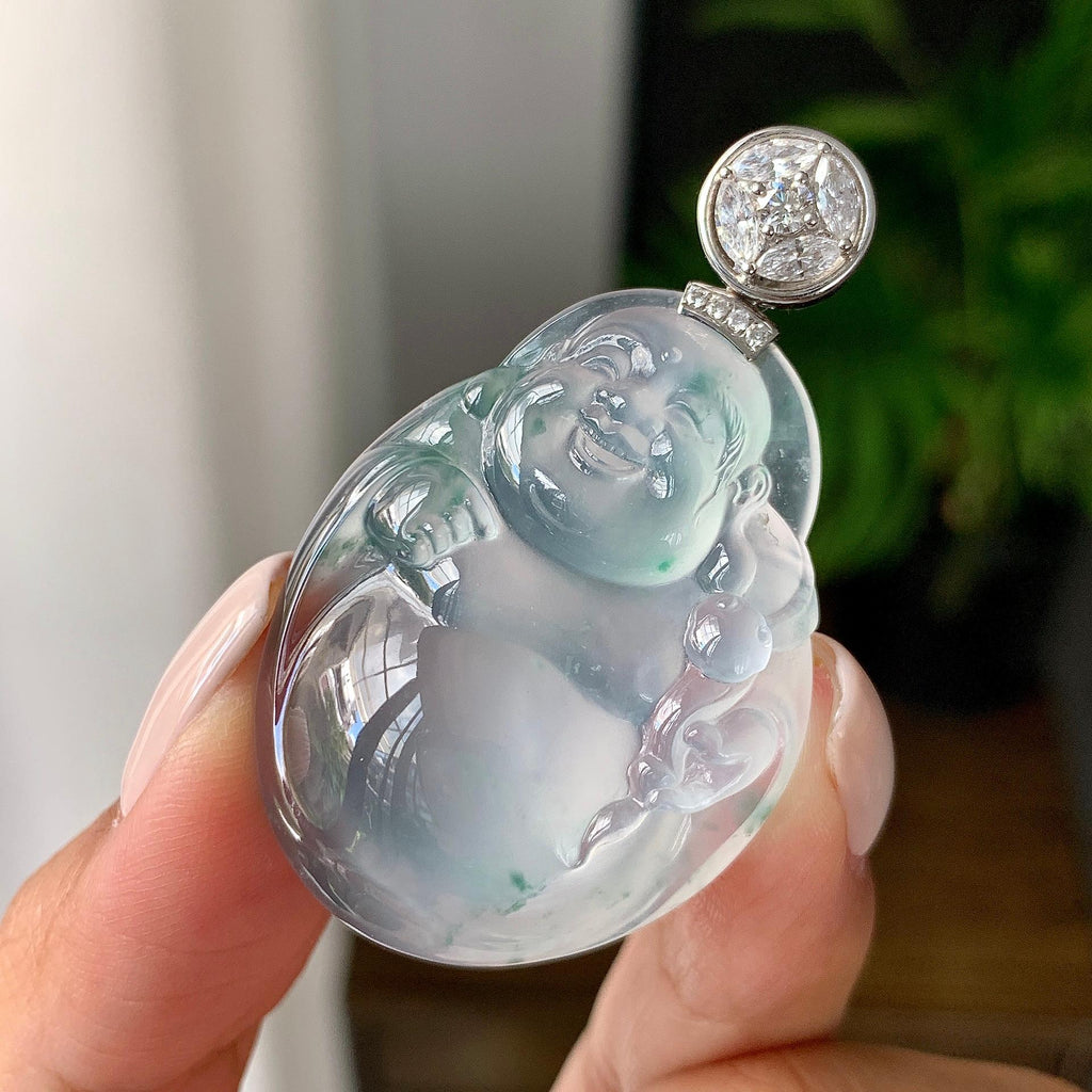 18k金钻镶冰种飘花佛公挂件（yc214654）