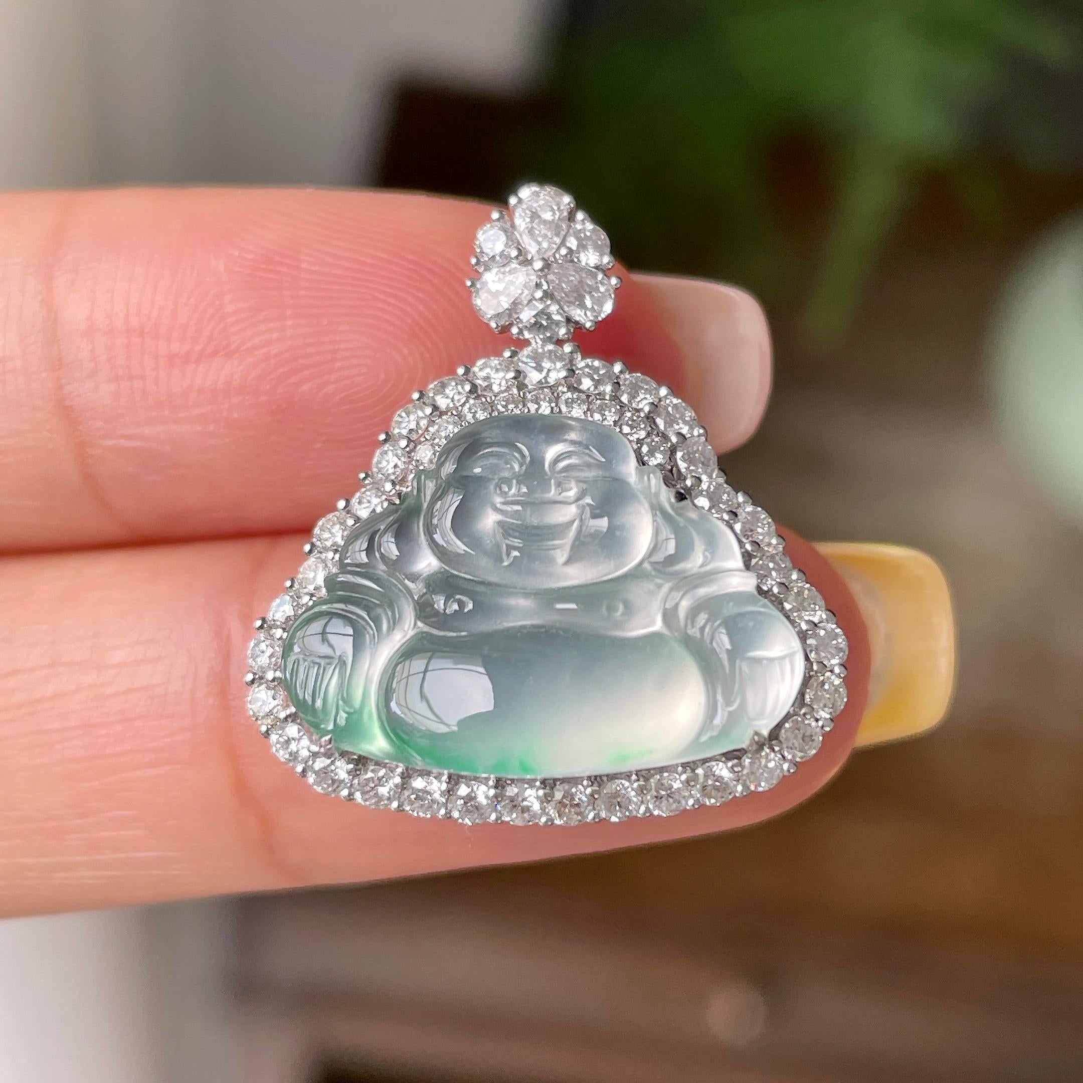 18k金钻镶冰种飘绿花佛公吊坠/戒指（两用款）    天然缅甸A货翡翠（yc362143）