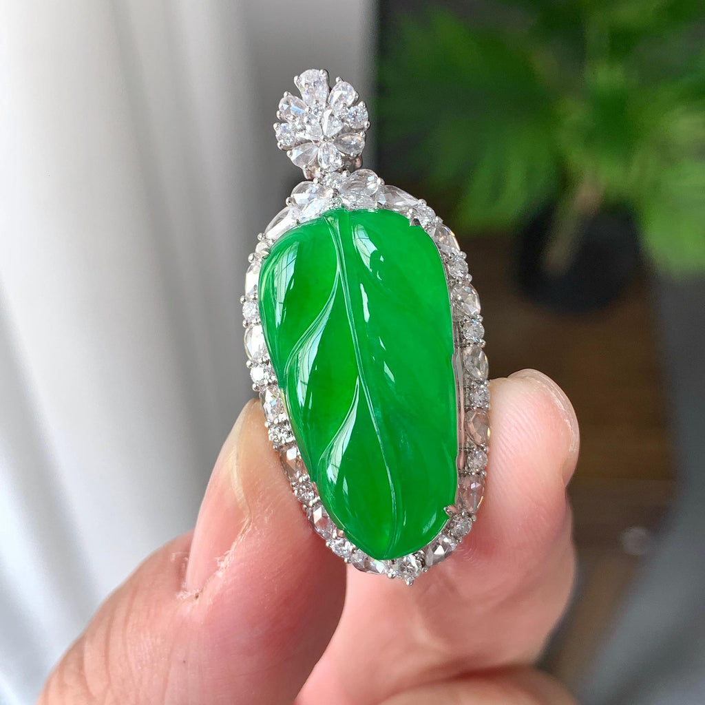 18K金钻镶糯冰种满绿叶子吊坠（yc248212）