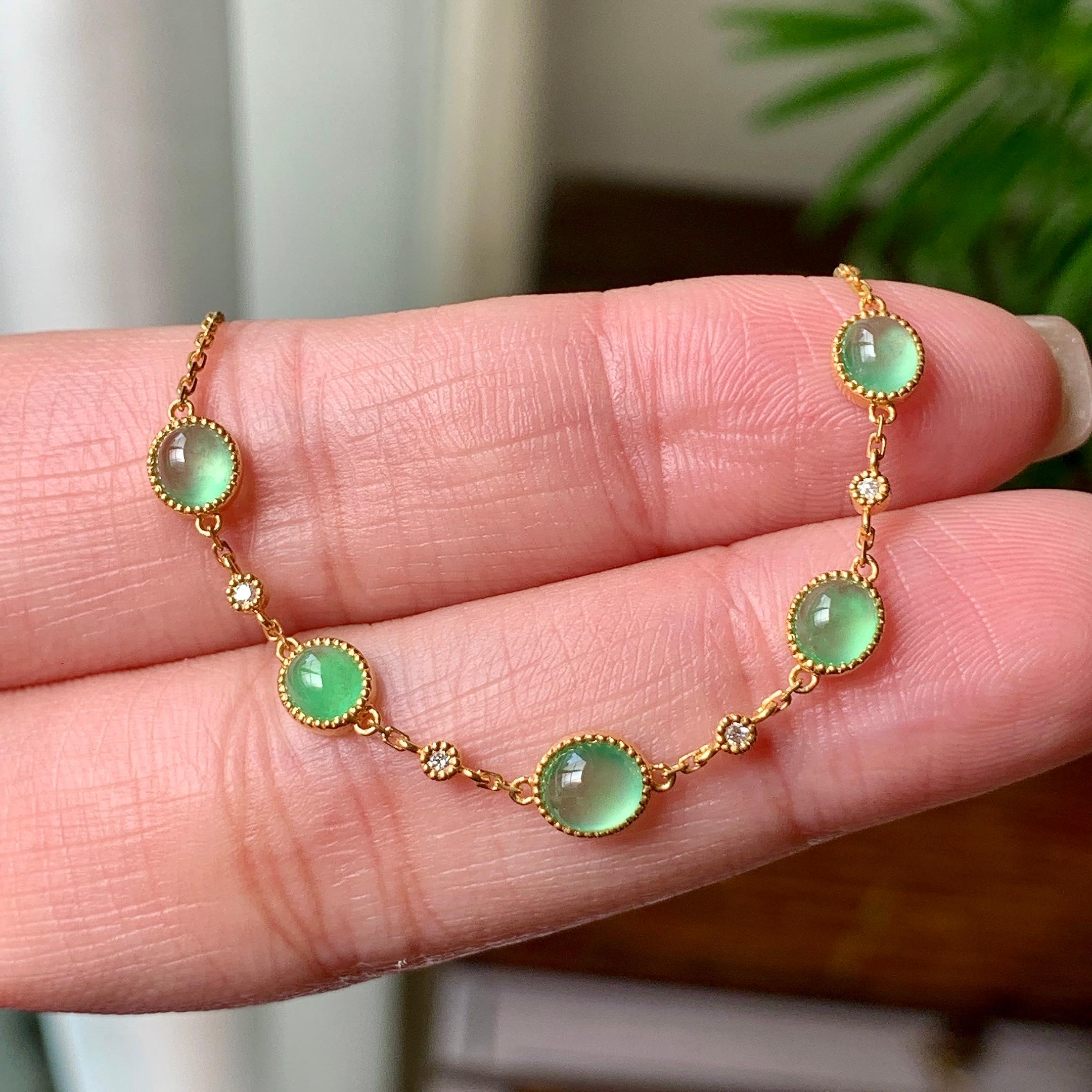 18K金钻镶糯冰种晴水蛋面手链  天然缅甸A货翡翠（yc362105）