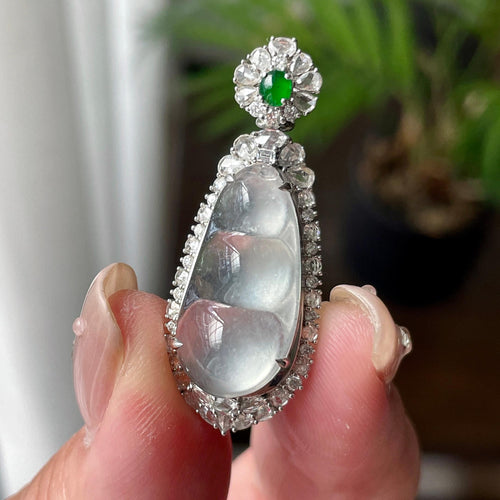 18K金钻镶冰种无色福豆吊坠 天然缅甸A货翡翠（yc460705）
