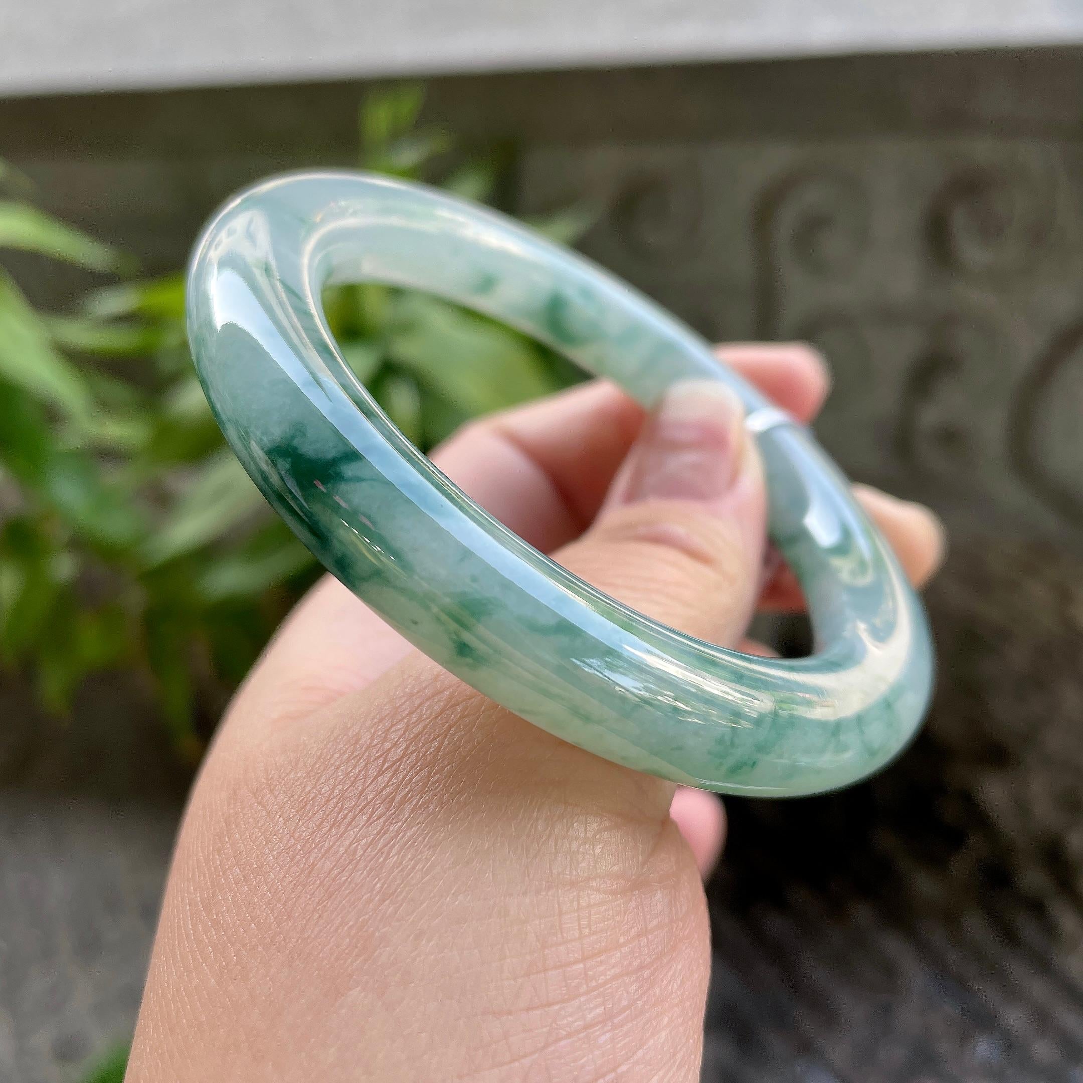 糯冰种飘花圆条手镯57.8圈口 天然缅甸A货翡翠（yc320315）