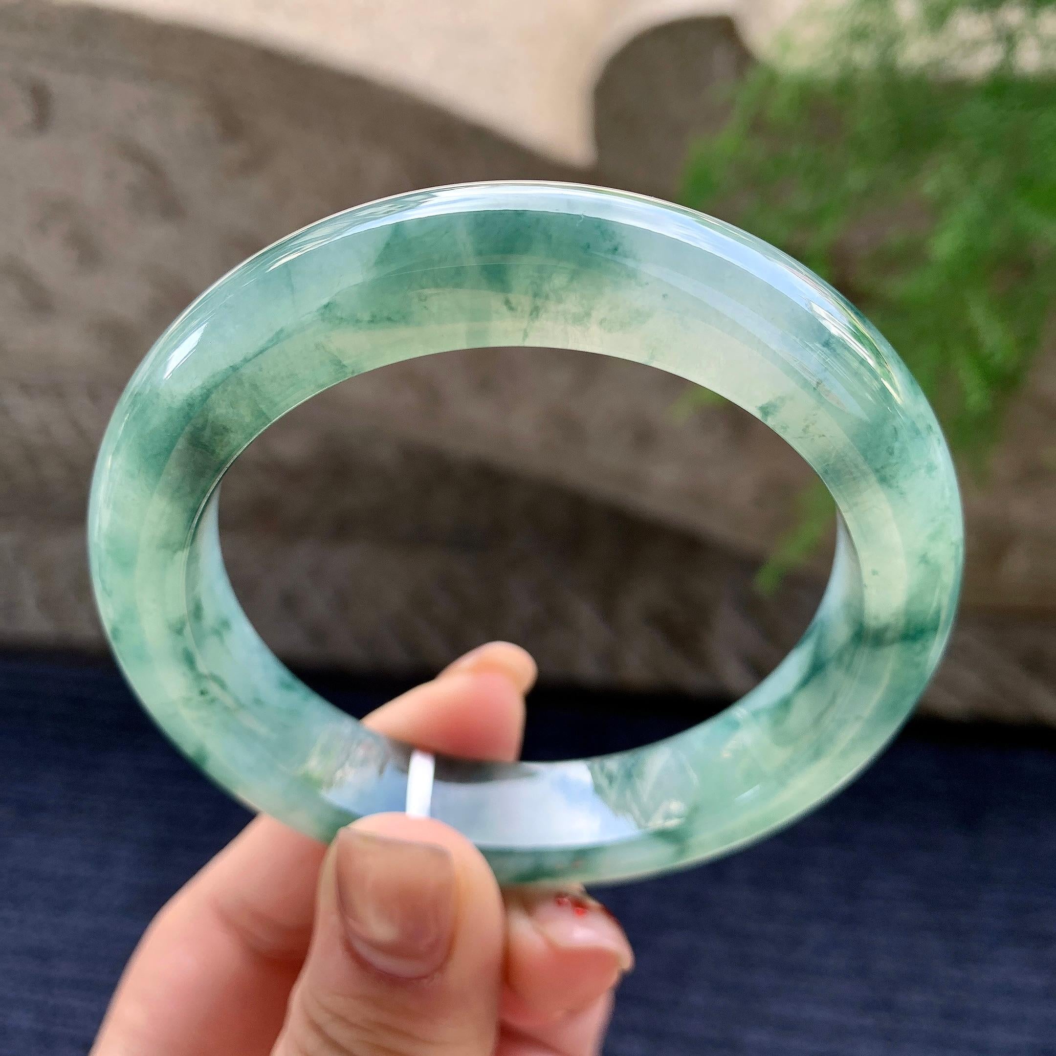 糯冰种飘蓝花正圈平安镯 56.8圈口 天然缅甸A货翡翠（yc352945）