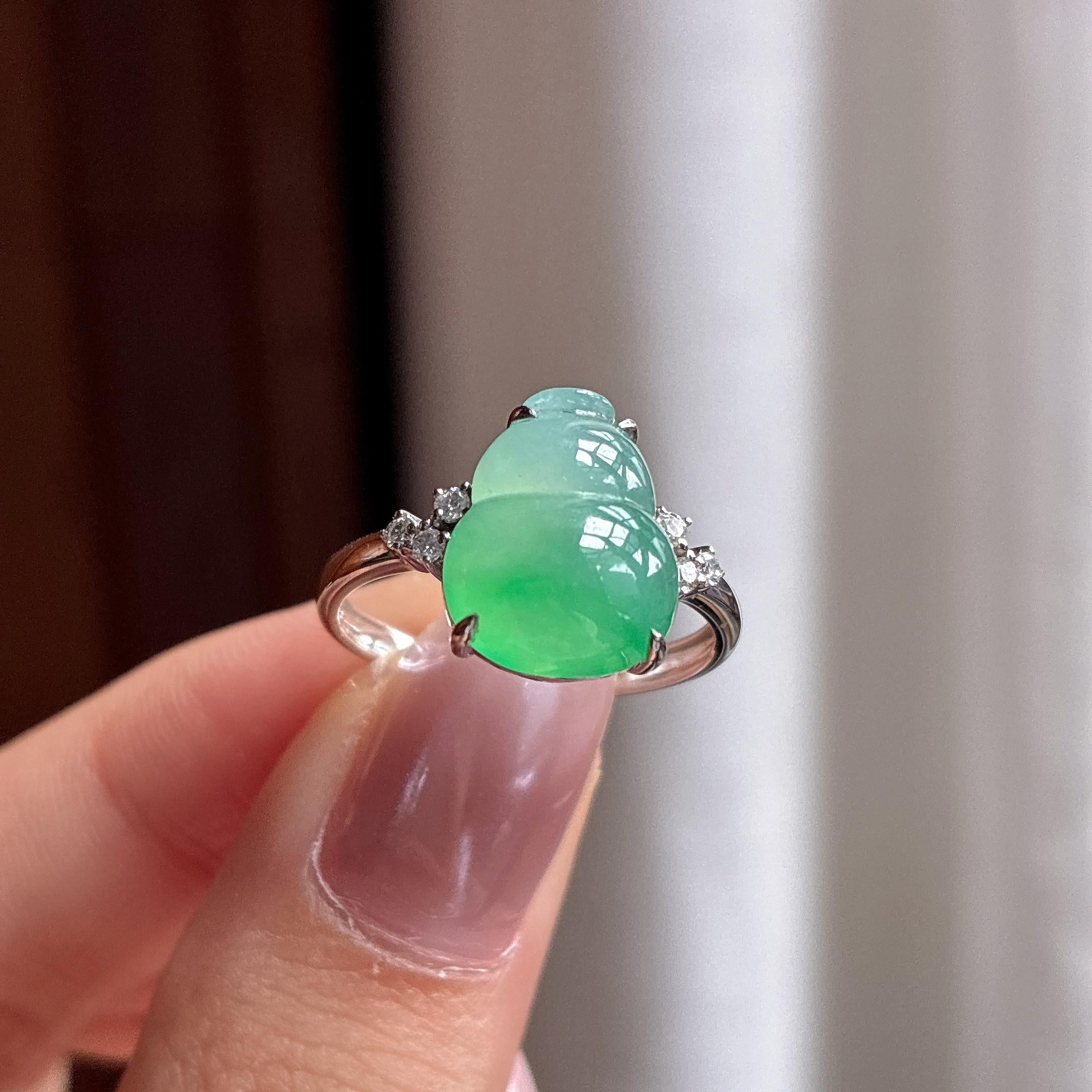 18k金镶冰种带色葫芦戒指 天然缅甸A货翡翠（yc530518）