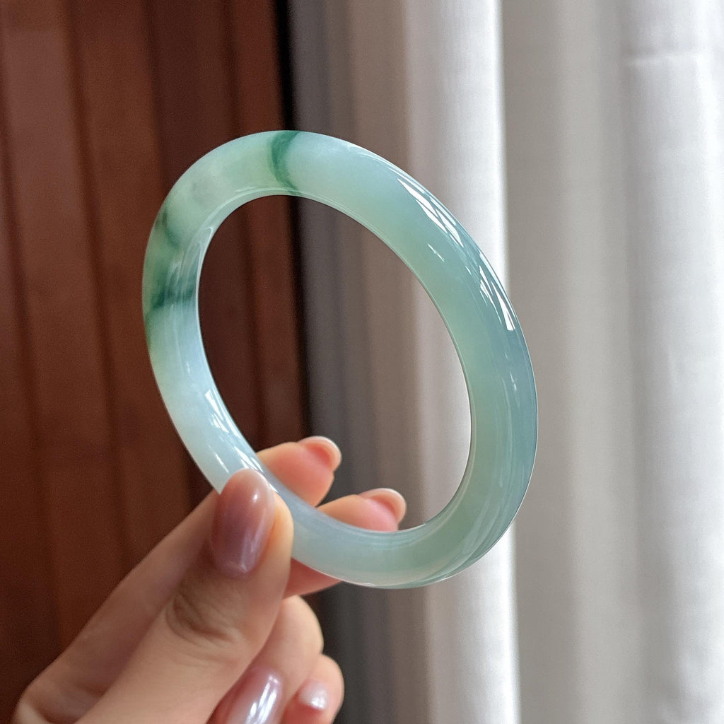 糯冰飘花圆条手镯 56圈 天然缅甸A货翡翠（yc497875）