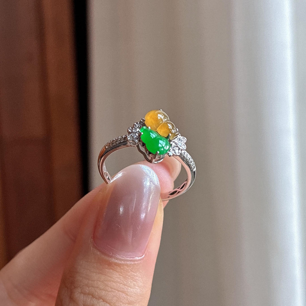 18k金镶糯冰双彩葫芦戒指 天然缅甸A货翡翠（yc525506）