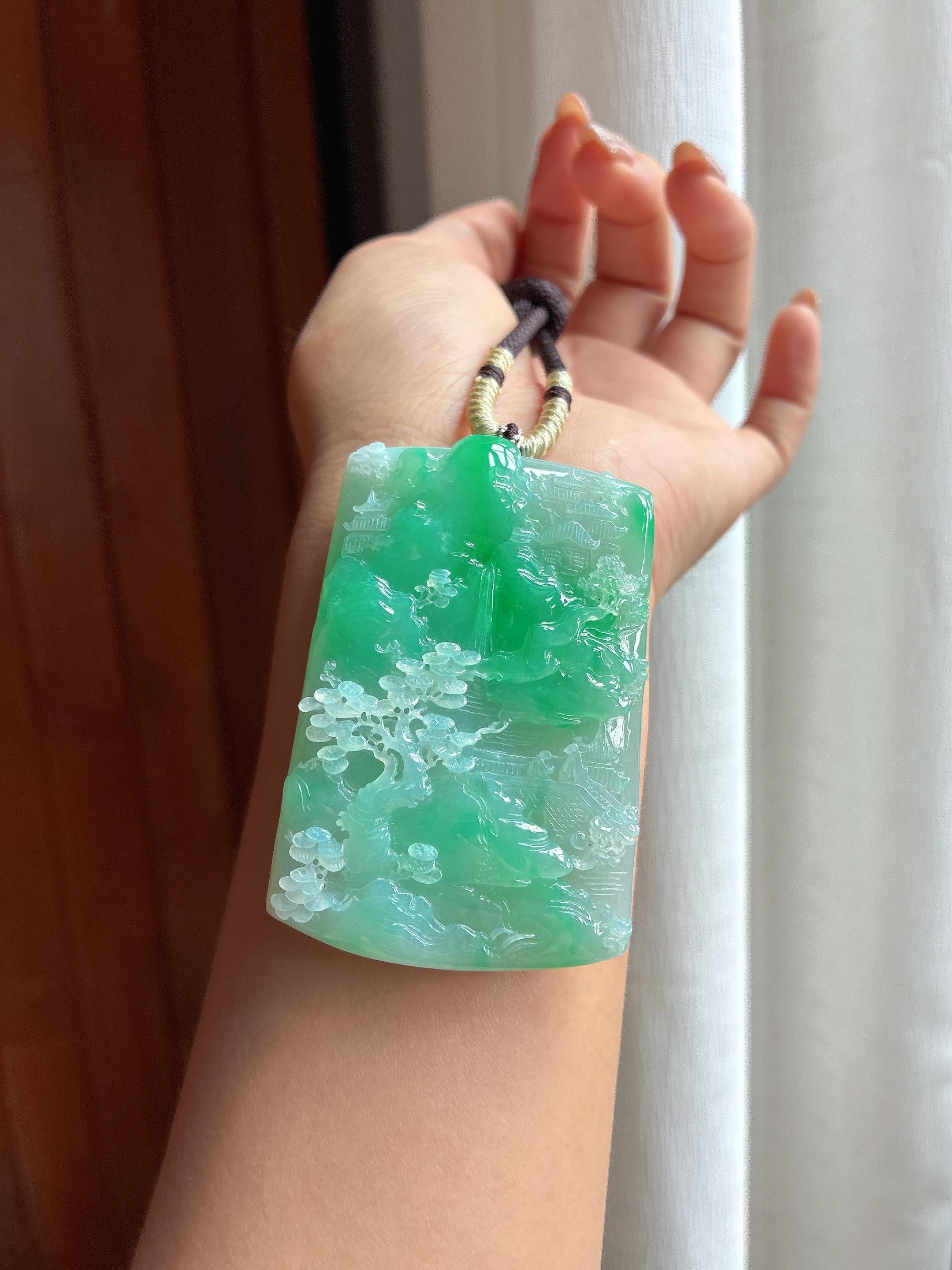 Mặt ngọc bích Miến Điện tự nhiên loại A với cảnh sông núi màu sắc đẹp (yc450119)