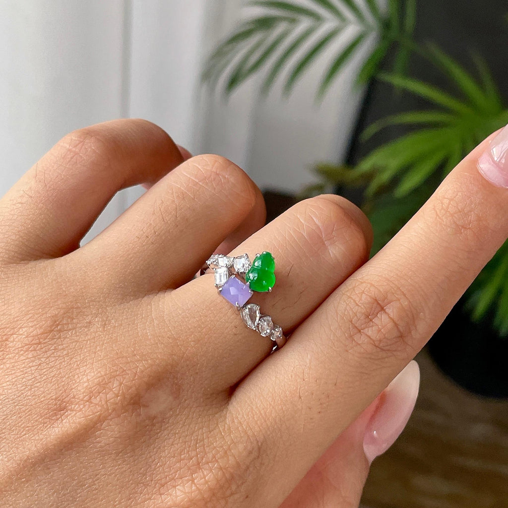 18k金钻镶冰种多彩葫芦戒指     天然缅甸A货翡翠（yc421299）