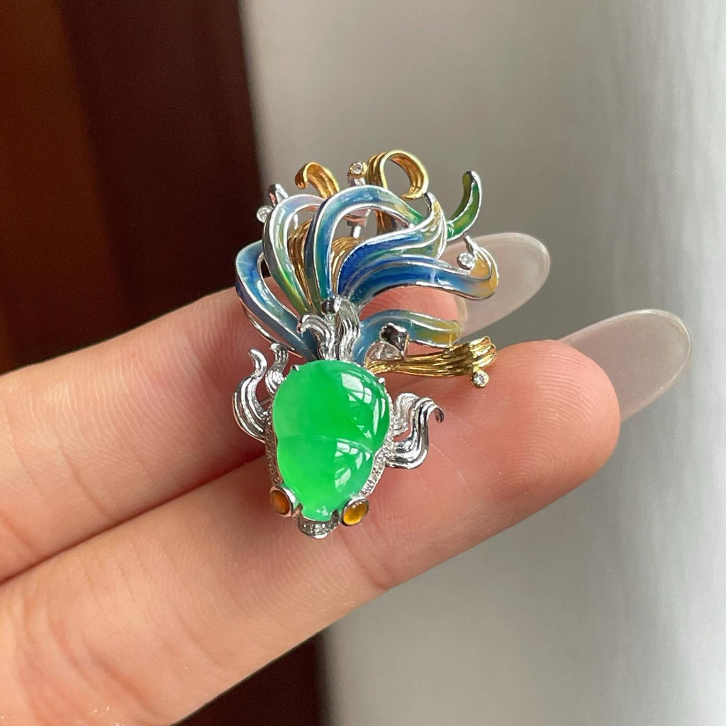 18k金钻镶糯冰满绿翡翠金鱼胸针（yc260369）