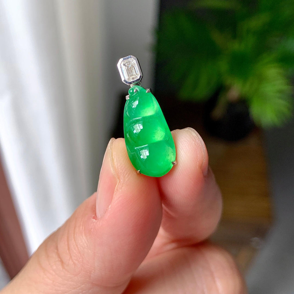 18K金钻镶冰种满绿福豆吊坠（yc257221）